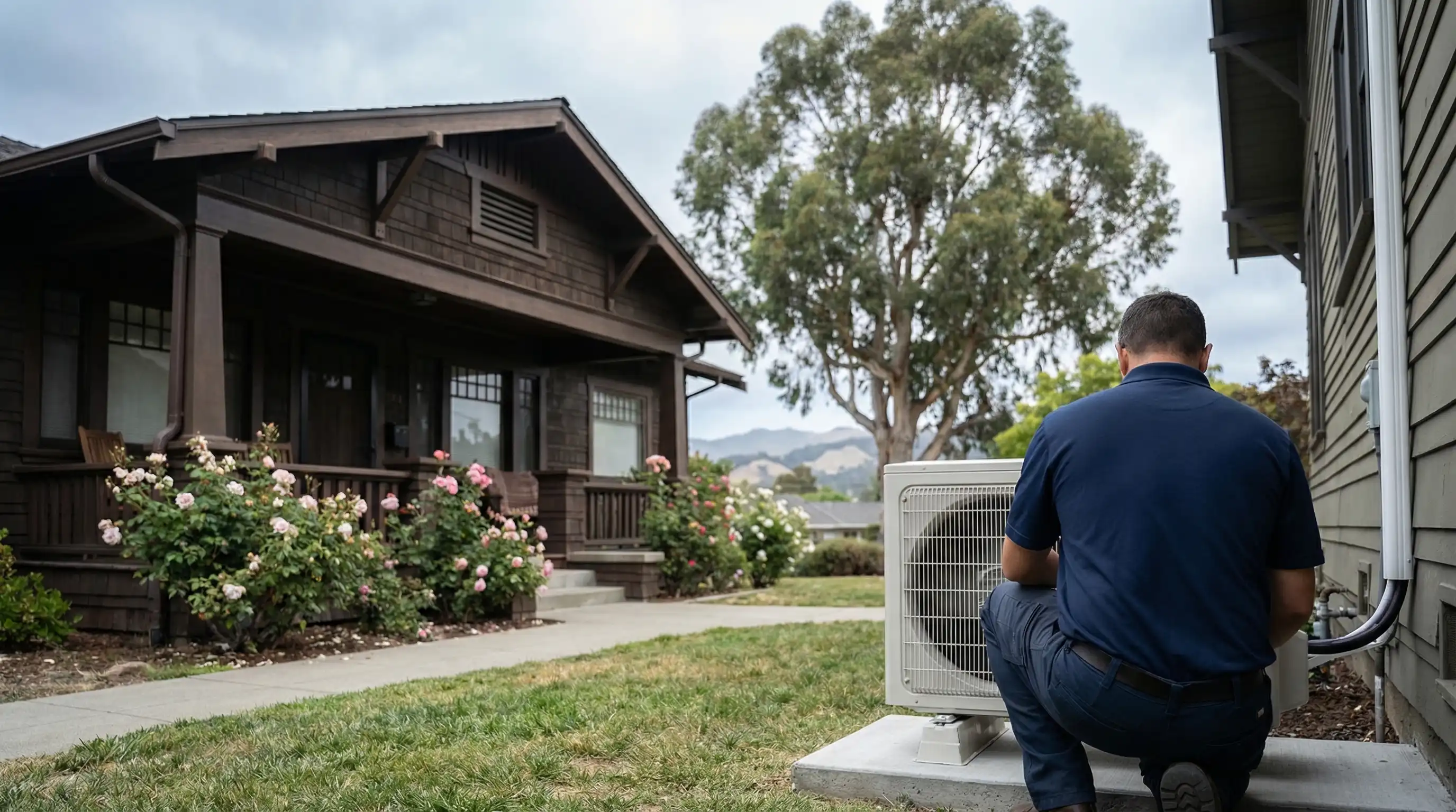 HVAC technician installing a ductless mini-split unit on a Craftsman bungalow in Oakland, CA
