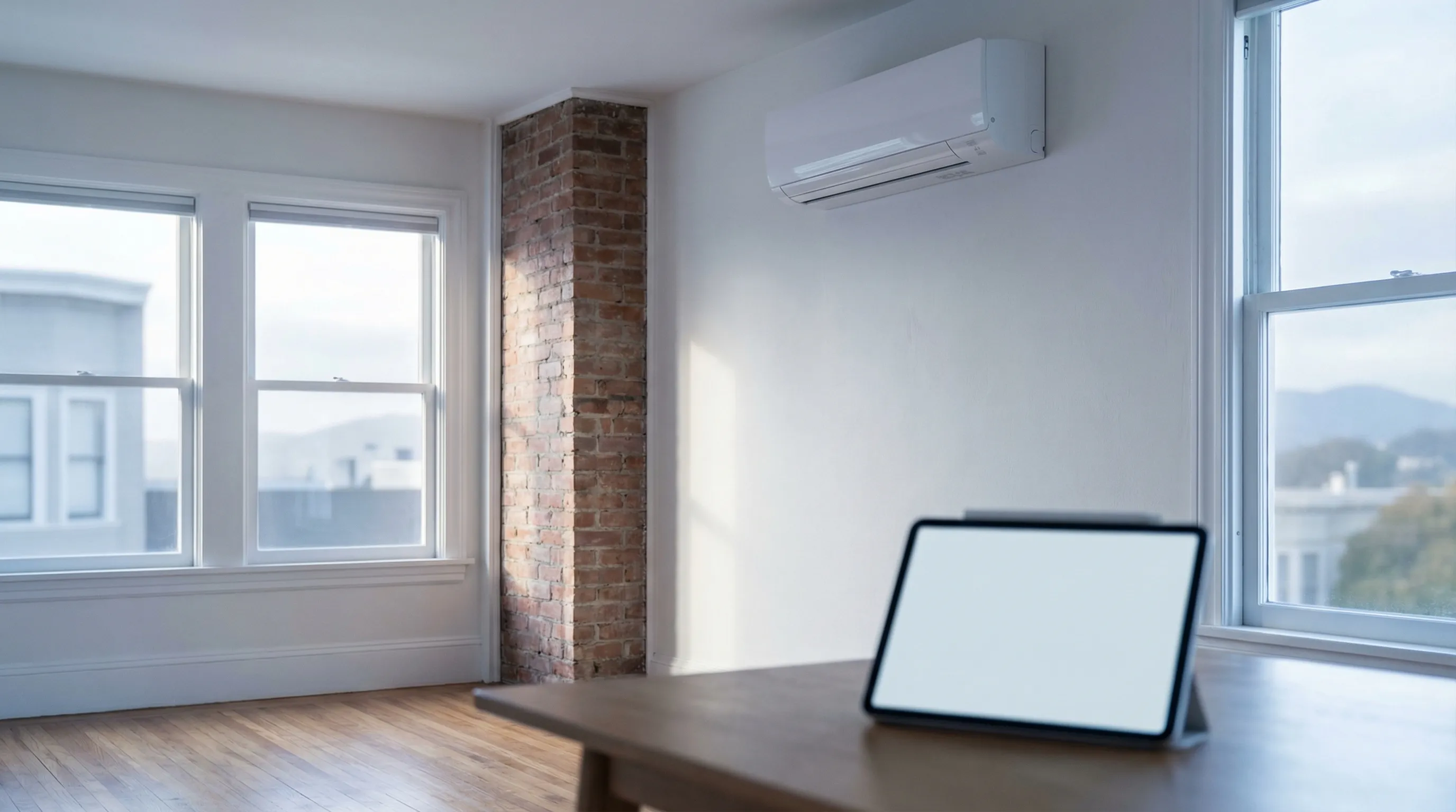 HVAC technician installing a ductless mini-split unit on a Craftsman bungalow in Oakland, CA