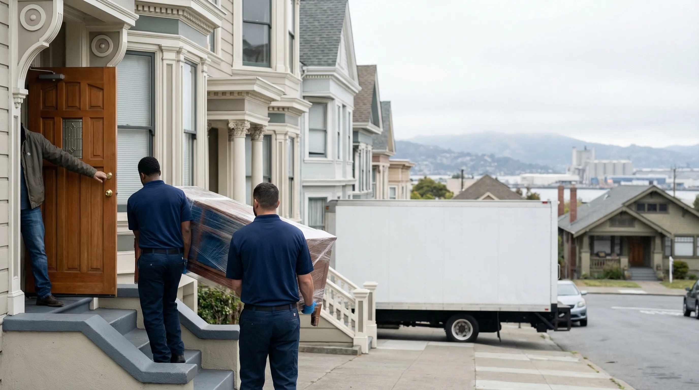 Professional moving crew loading a branded moving truck outside a Victorian flat in Oakland, CA