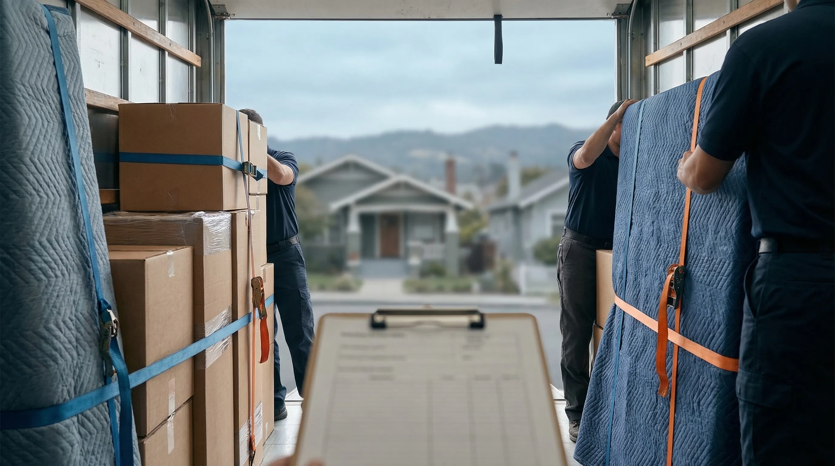 Professional moving crew loading a branded moving truck outside a Victorian flat in Oakland, CA