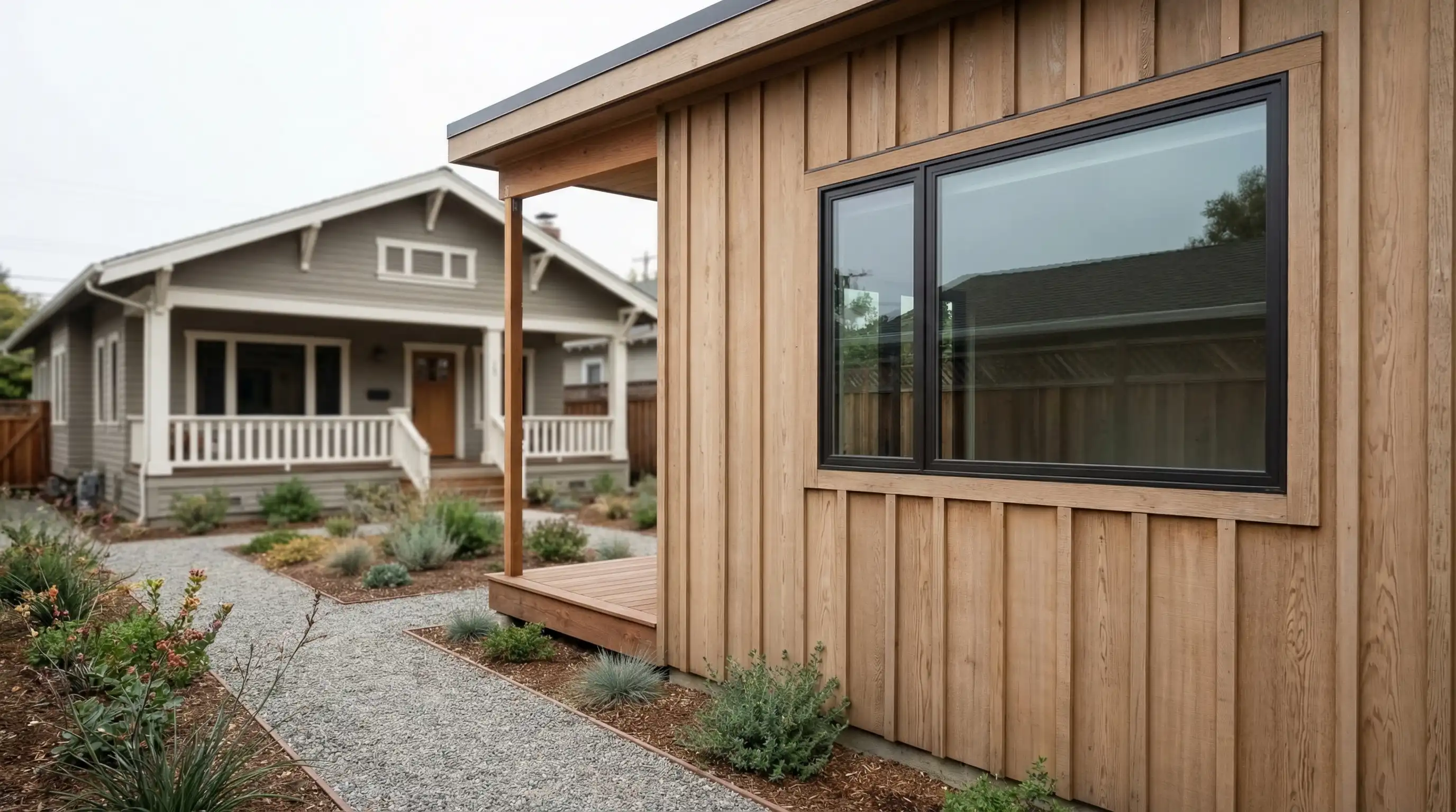 General contractor reviewing ADU construction plans with Oakland homeowner in backyard, Oakland, CA