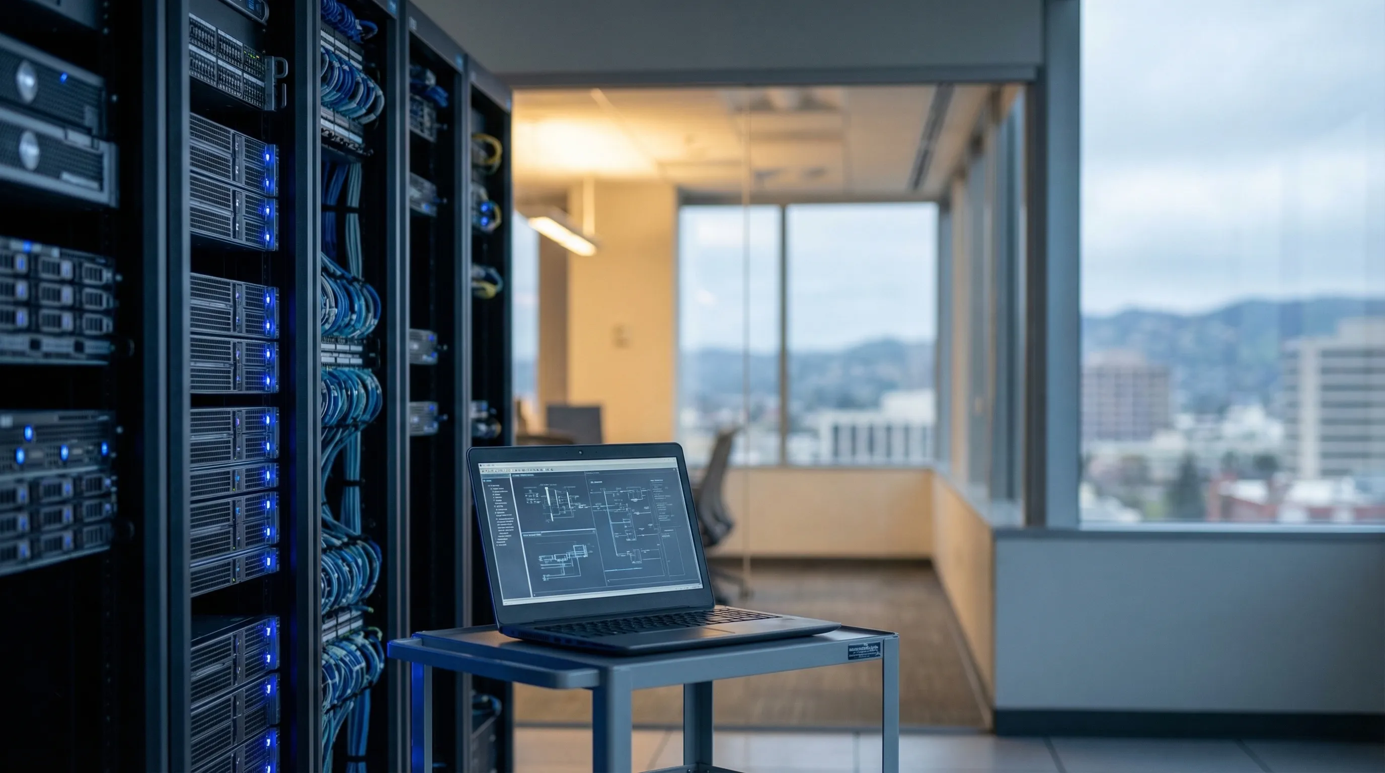 IT professional configuring server rack at Oakland East Bay business office with Bay Area tech team, Oakland, CA