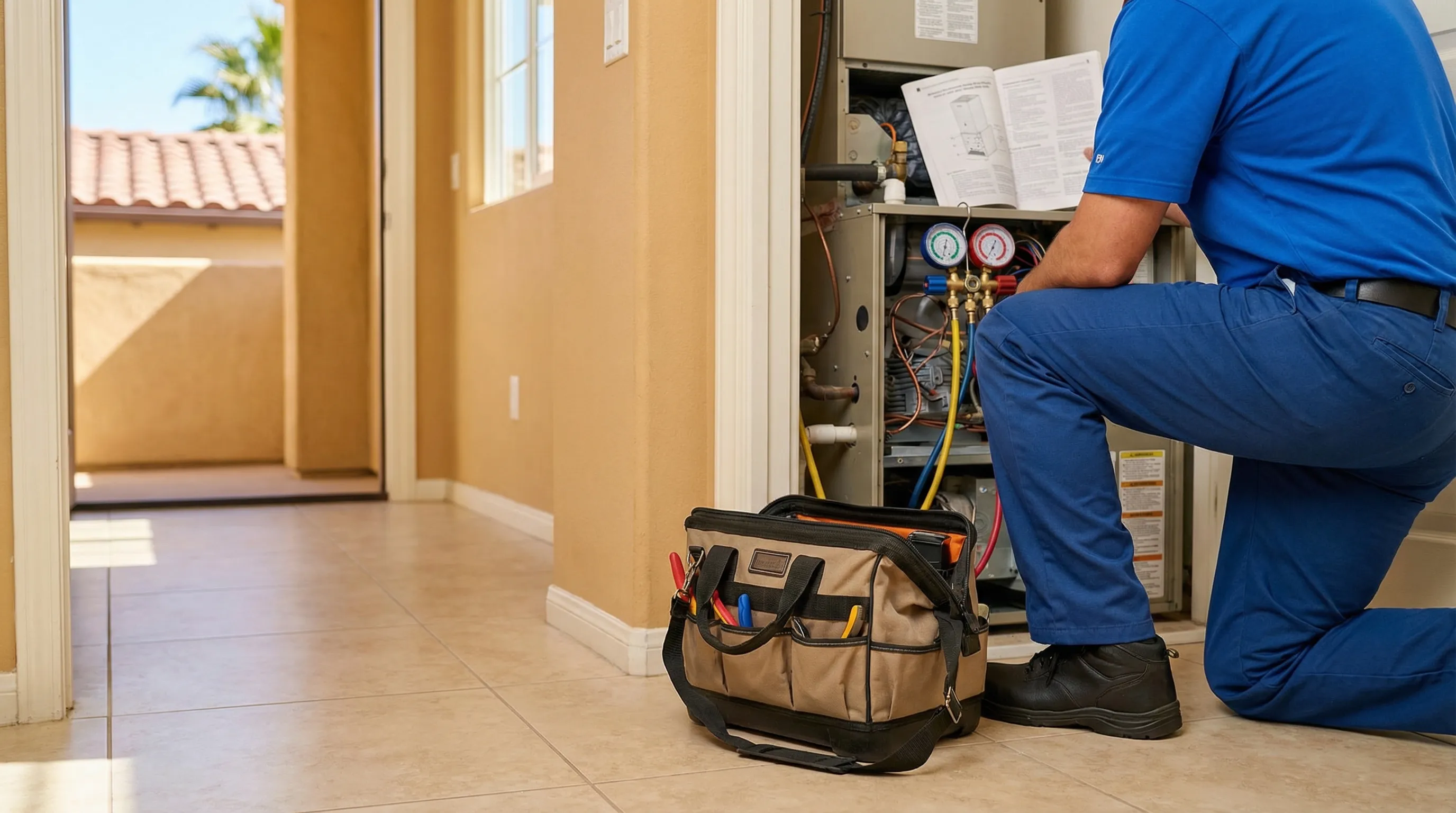 Professional HVAC technician servicing an air conditioning system in a Riverside, CA home