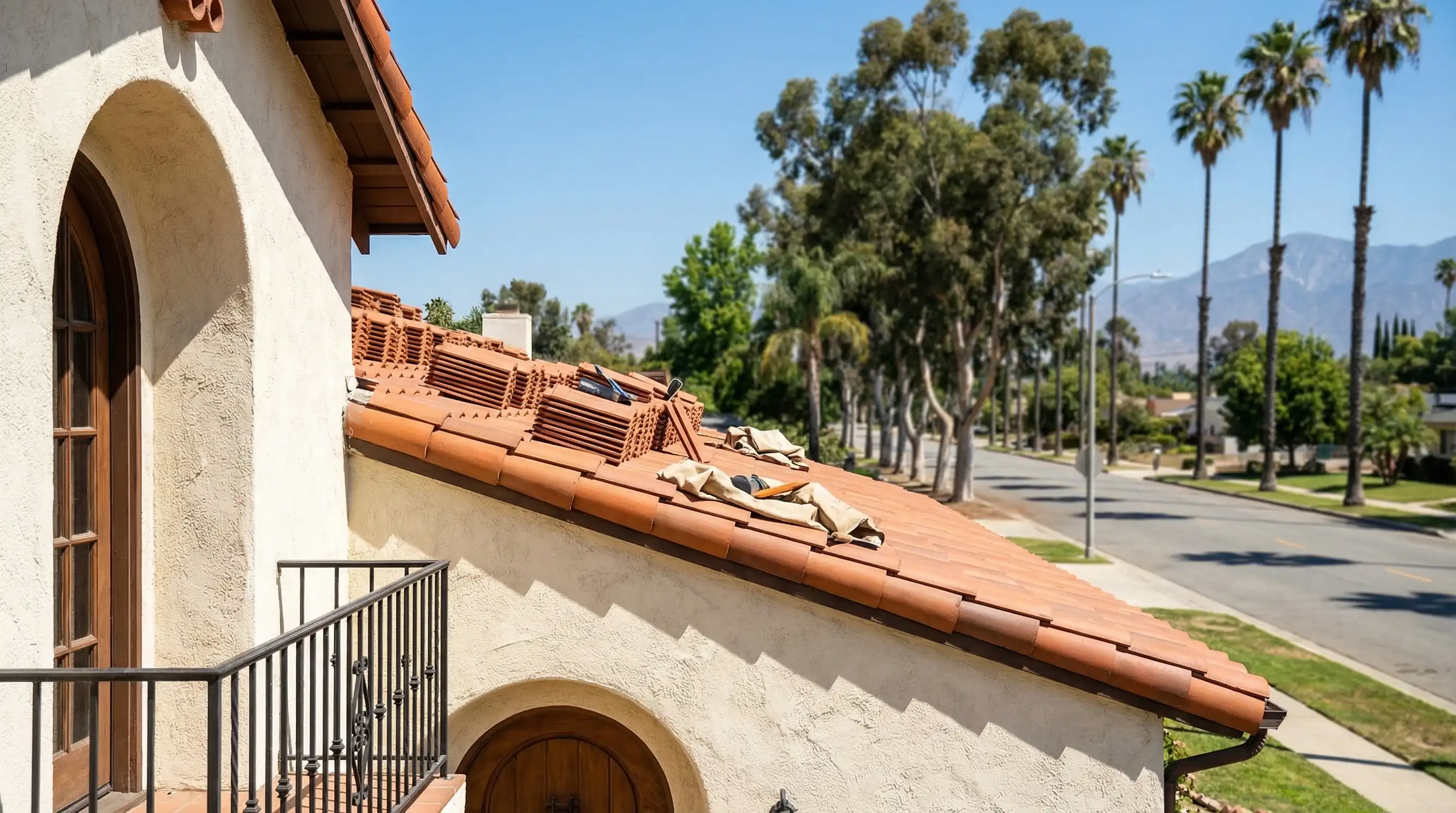 Professional roofing contractor inspecting a clay tile roof on a Spanish Colonial home in Riverside, CA