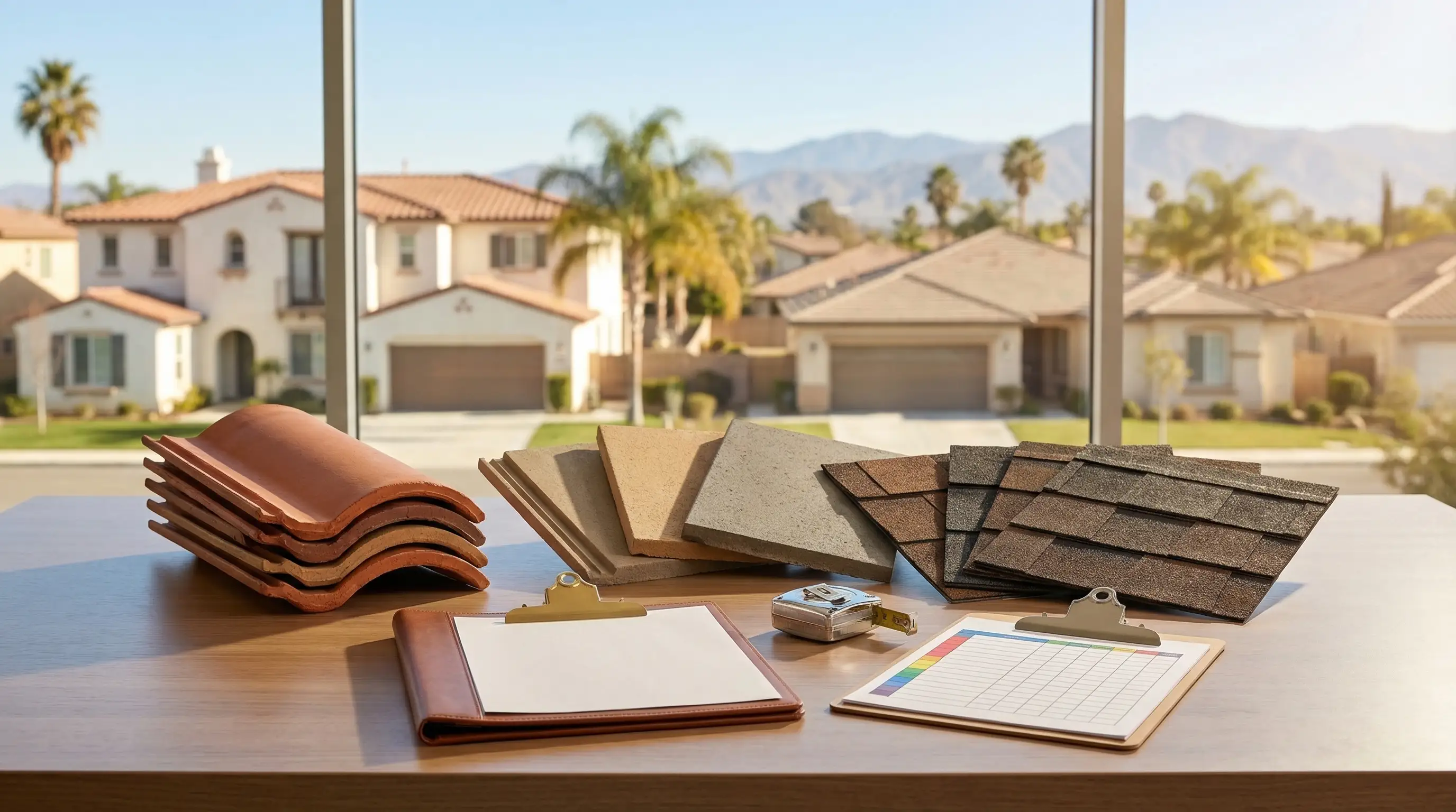 Professional roofing contractor inspecting a clay tile roof on a Spanish Colonial home in Riverside, CA