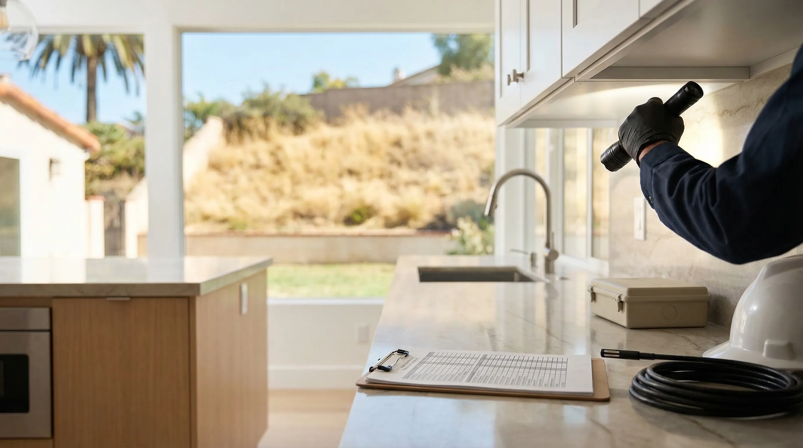 Licensed pest control technician inspecting the perimeter of a stucco home in Riverside, CA