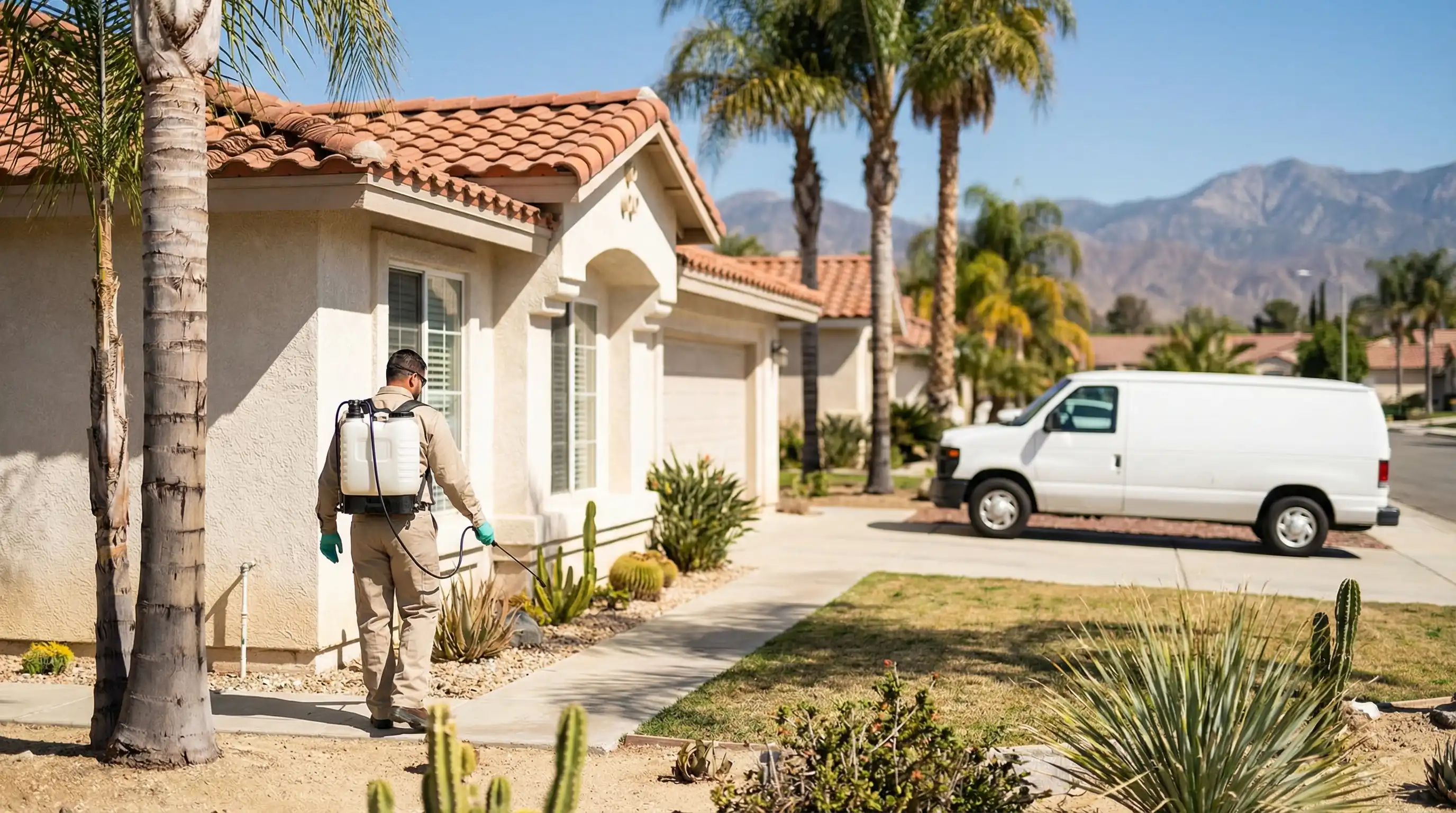 Licensed pest control technician inspecting the perimeter of a stucco home in Riverside, CA