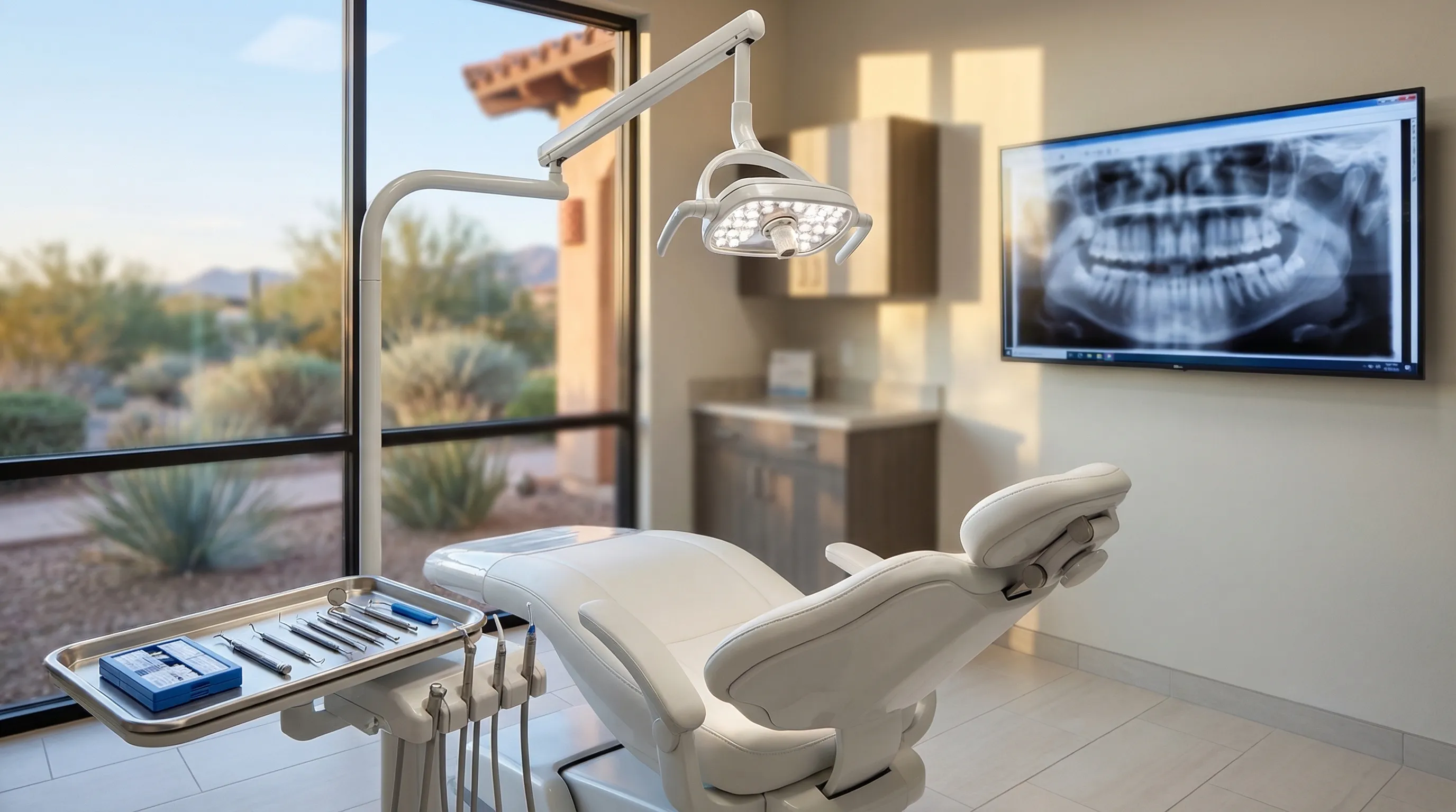 Modern dental treatment room in a Riverside, CA practice with a dentist reviewing digital X-rays