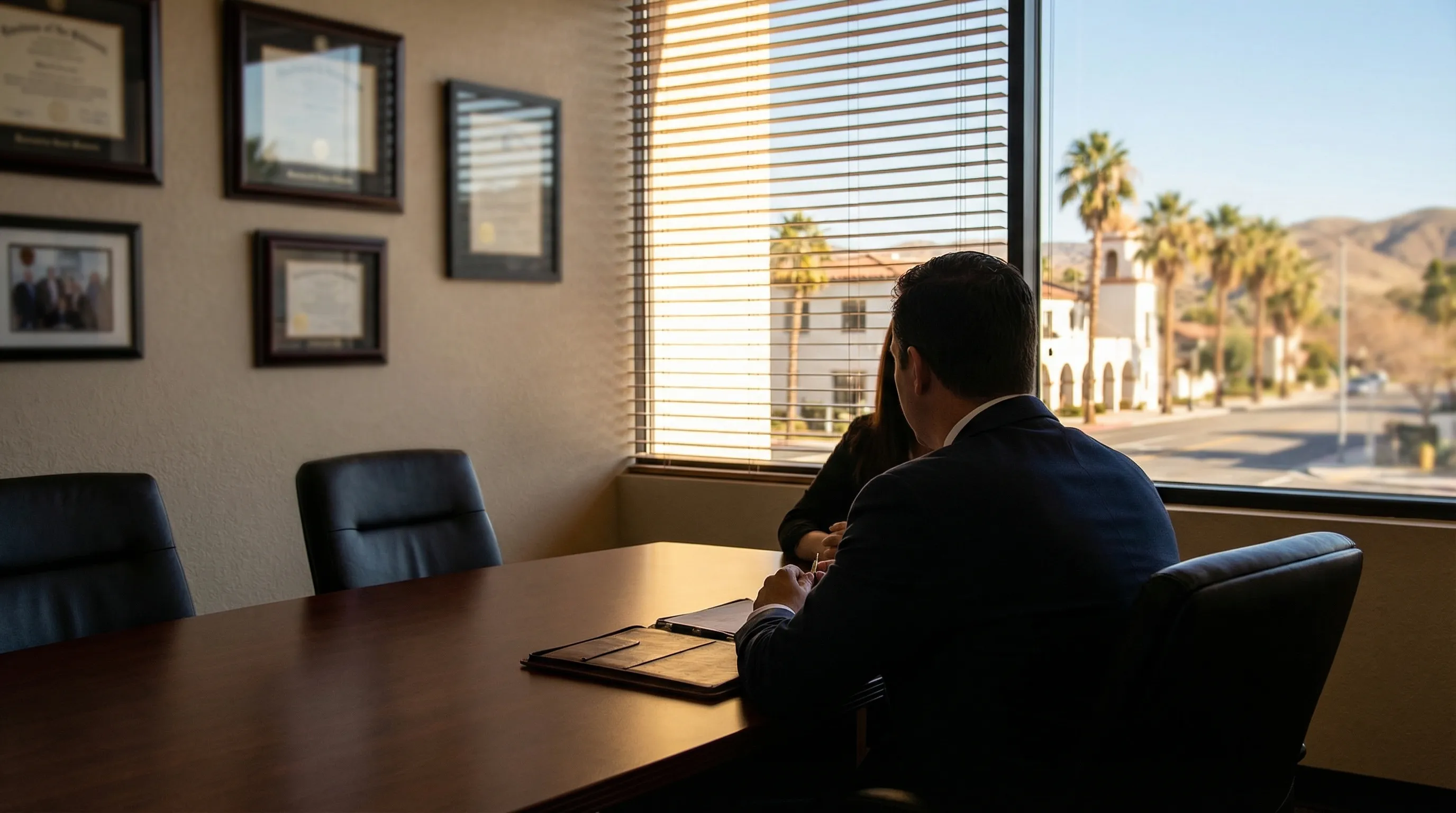 Professional personal injury law office consultation room in Riverside, CA — attorney meeting with client at conference table with San Bernardino Mountains visible through window