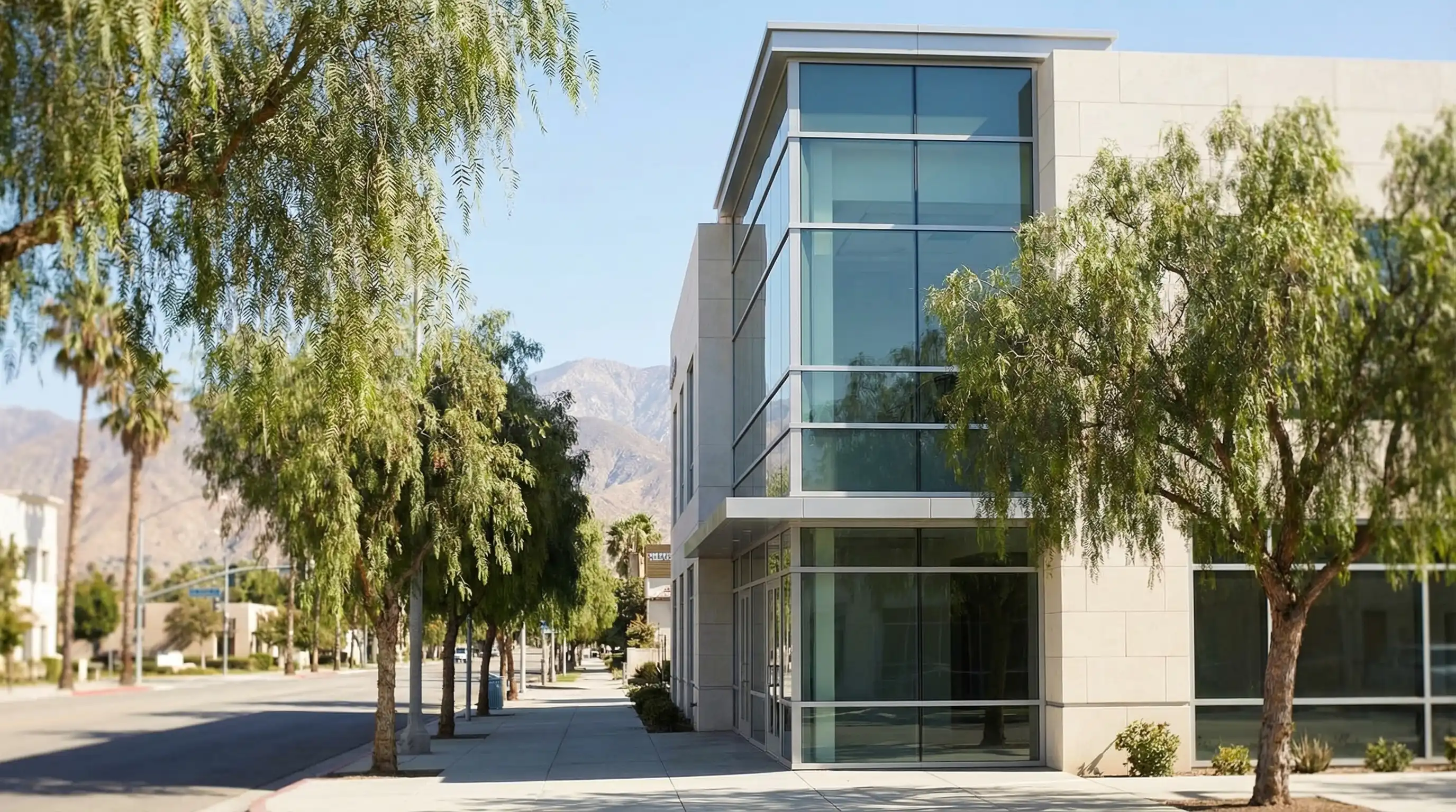 Professional personal injury law office consultation room in Riverside, CA — attorney meeting with client at conference table with San Bernardino Mountains visible through window