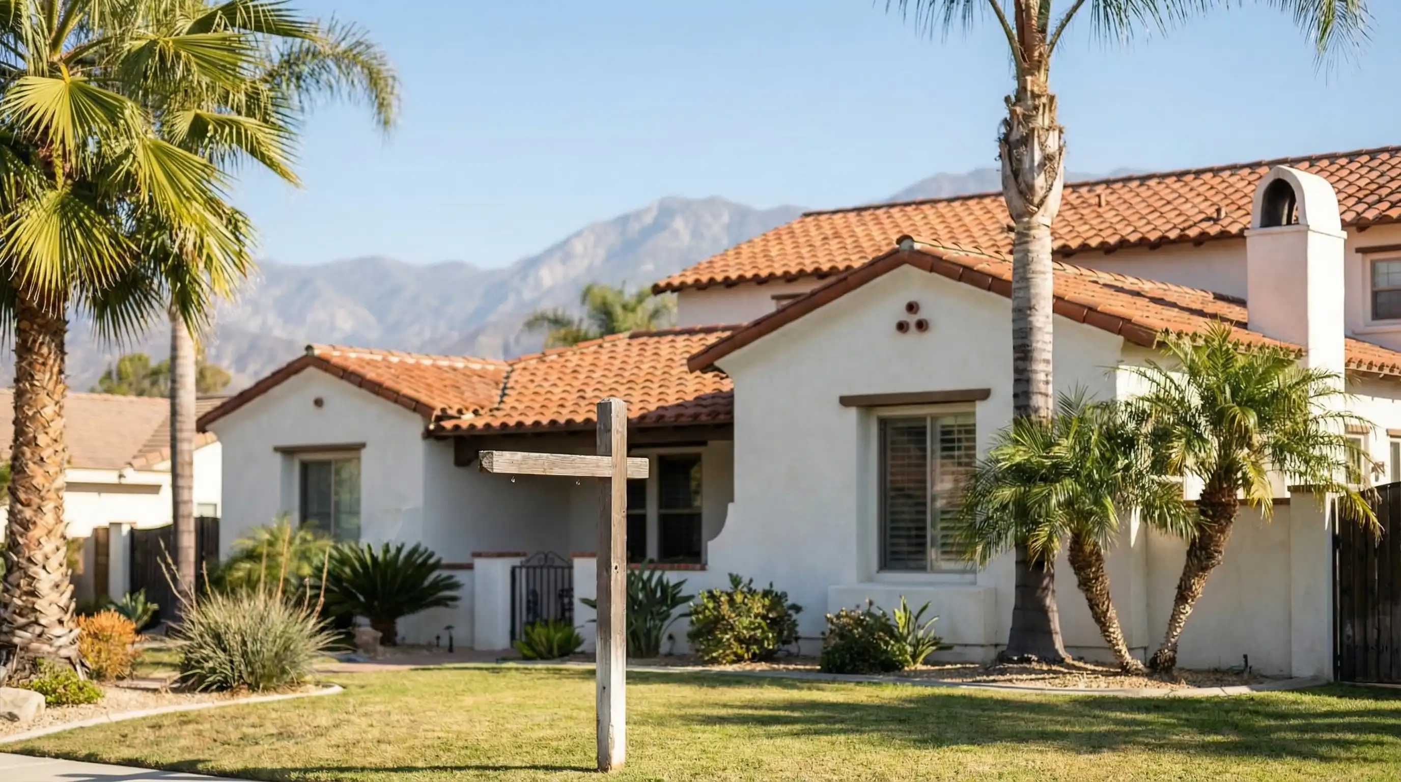 Real estate agent shaking hands with buyers in front of a Spanish Colonial home in Riverside, CA with San Bernardino Mountains in the background