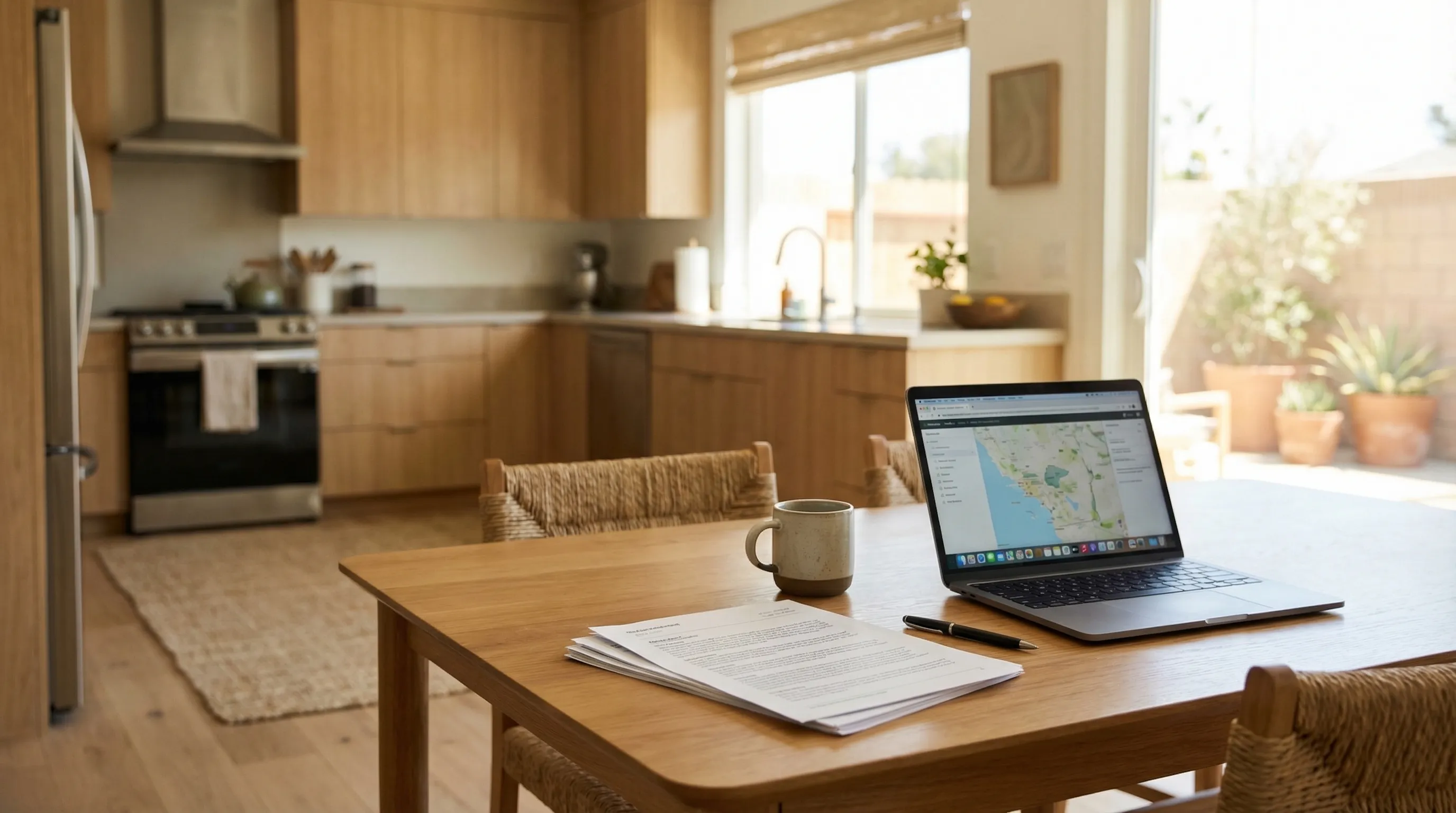 Real estate agent shaking hands with buyers in front of a Spanish Colonial home in Riverside, CA with San Bernardino Mountains in the background