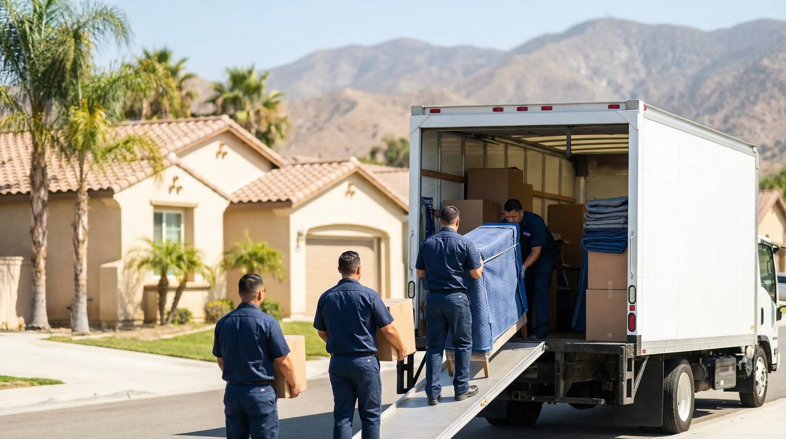 Professional moving crew in branded uniforms loading a moving truck on a palm-lined Riverside residential street under midday California sun