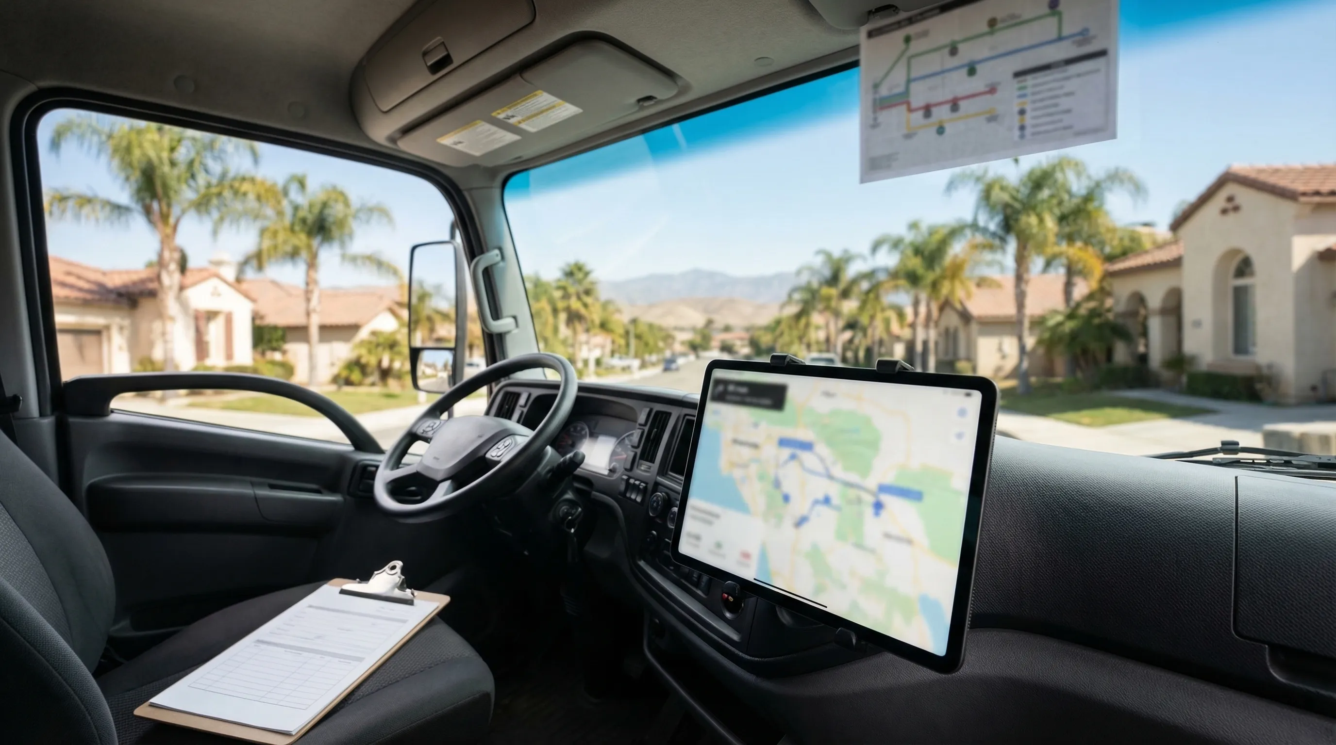 Professional moving crew in branded uniforms loading a moving truck on a palm-lined Riverside residential street under midday California sun