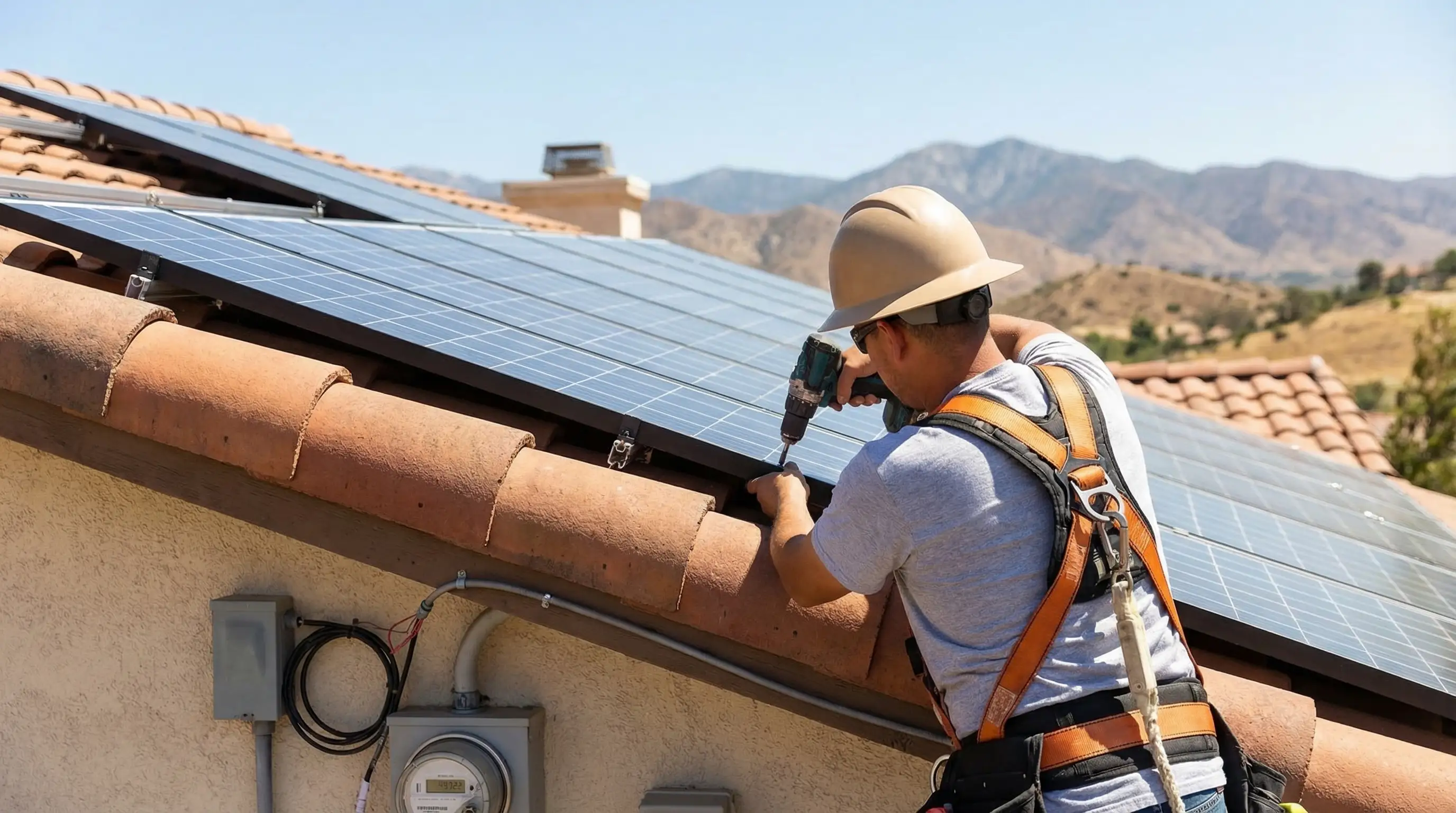 Solar installation technician in branded hard hat and safety harness working on residential rooftop solar array on a Spanish-tile roof in Riverside, CA with Inland Empire sun and mountains in background