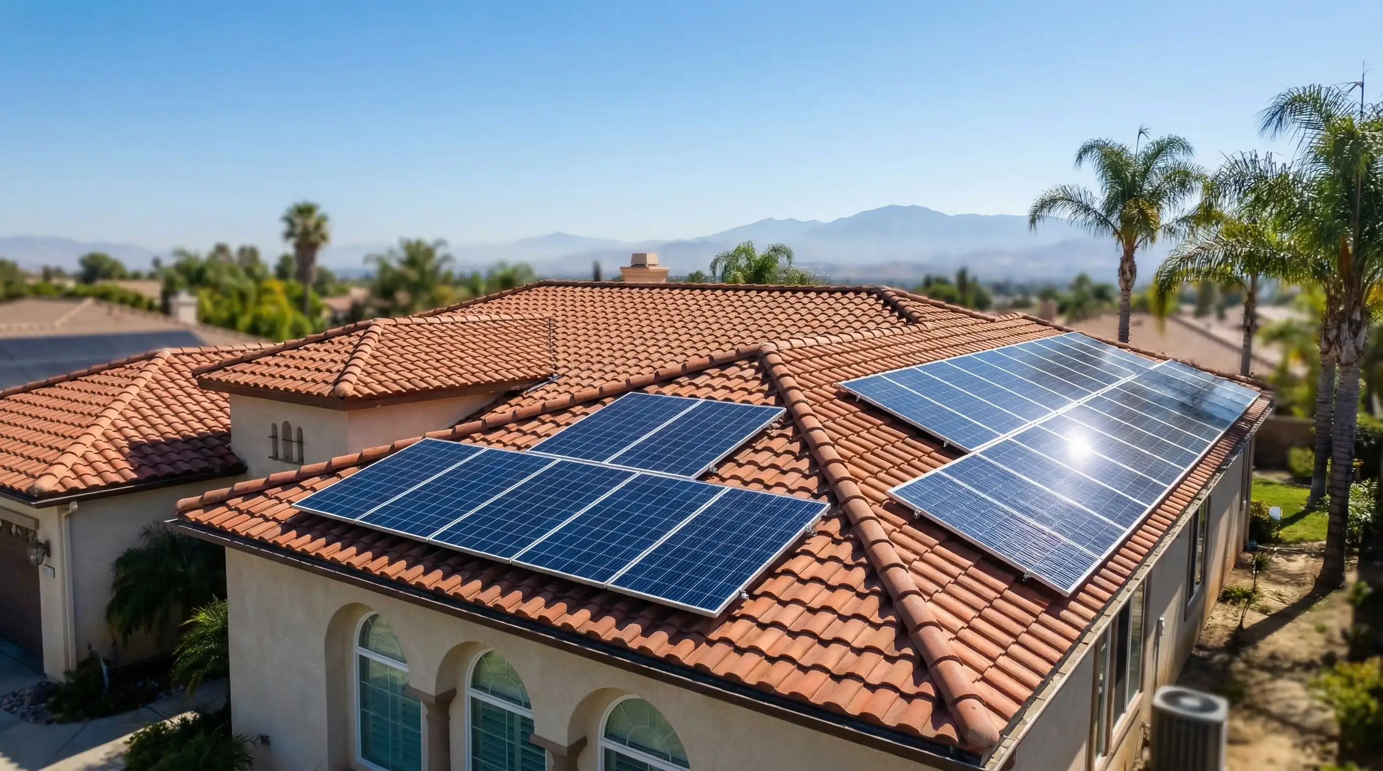 Solar installation technician in branded hard hat and safety harness working on residential rooftop solar array on a Spanish-tile roof in Riverside, CA with Inland Empire sun and mountains in background