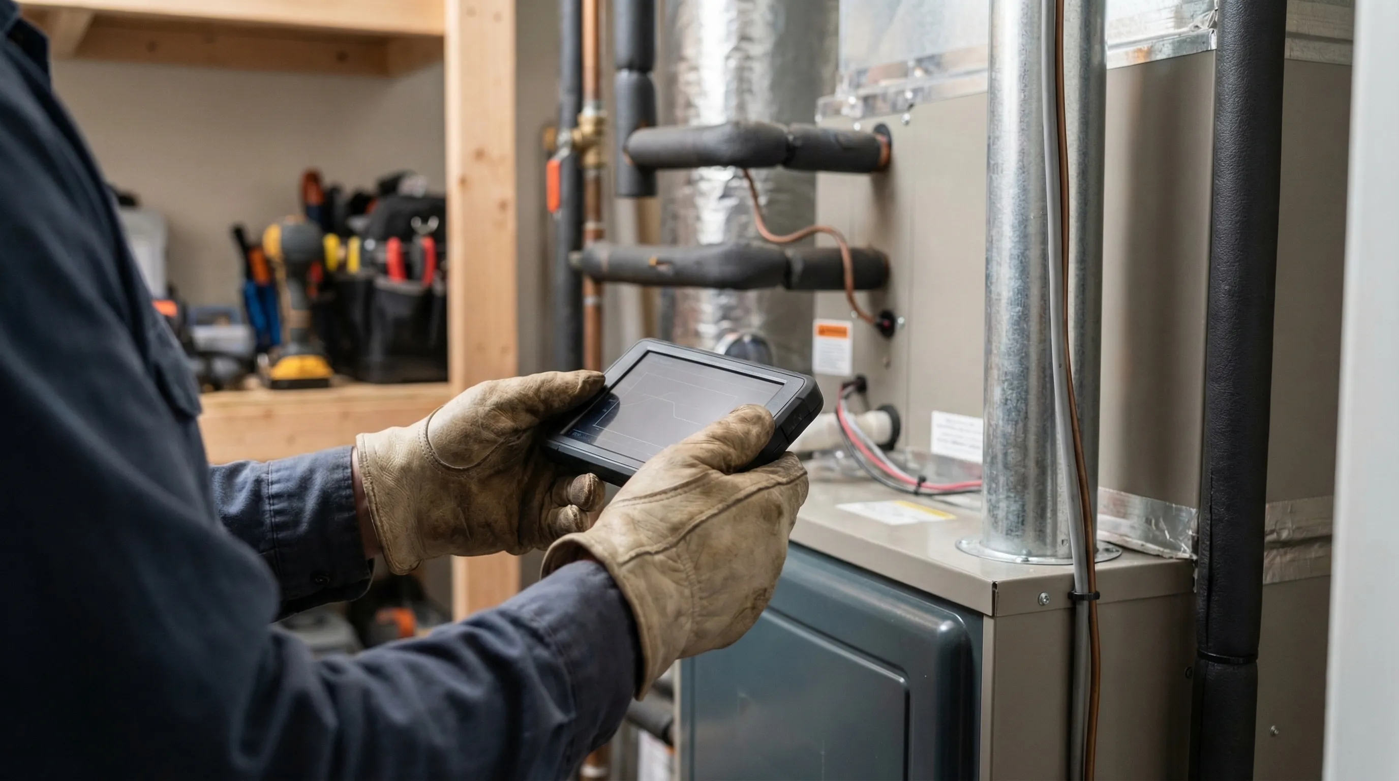 Professional HVAC technician inspecting residential air conditioning system in Huntsville, AL