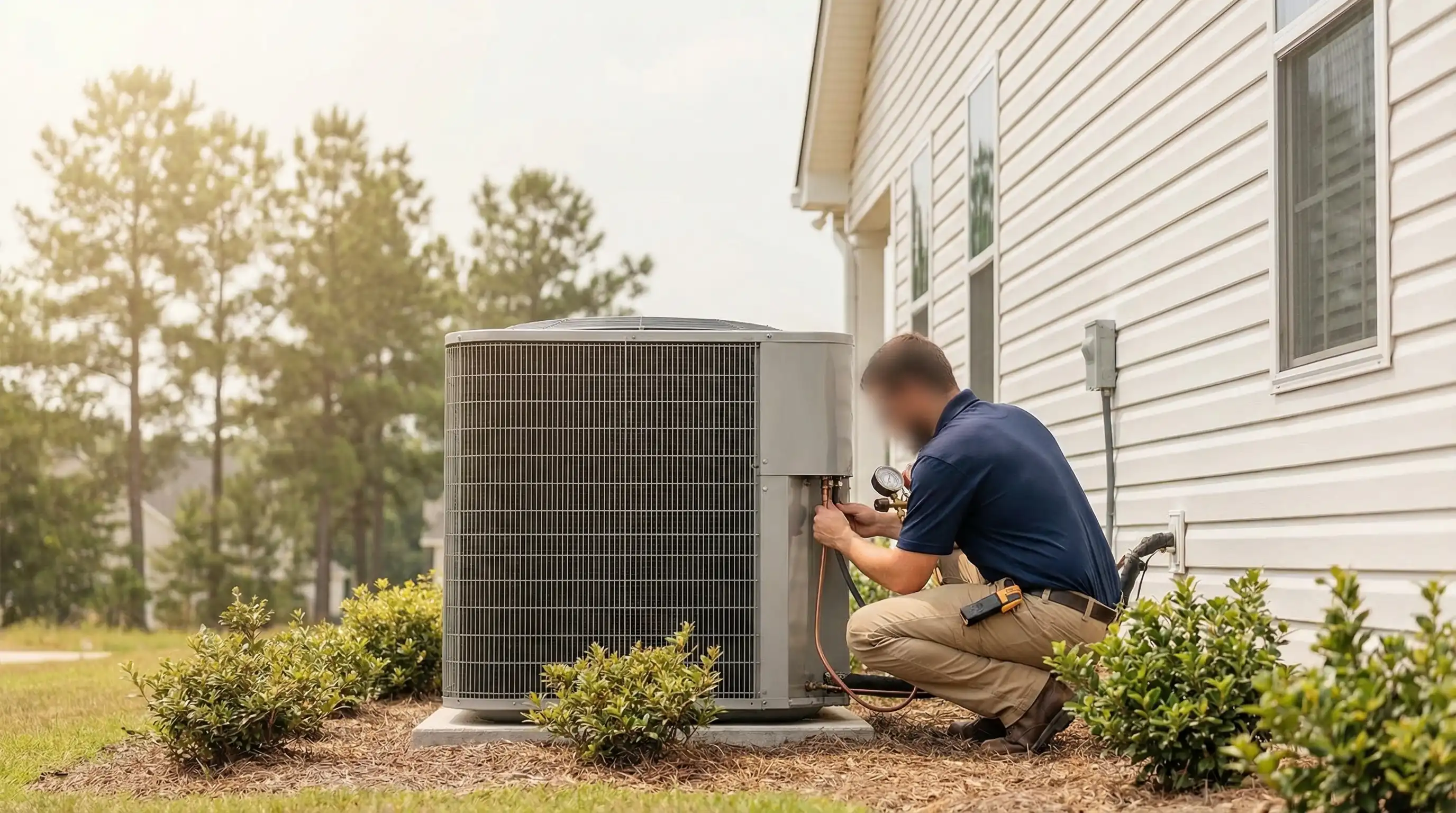 Professional HVAC technician inspecting residential air conditioning system in Huntsville, AL