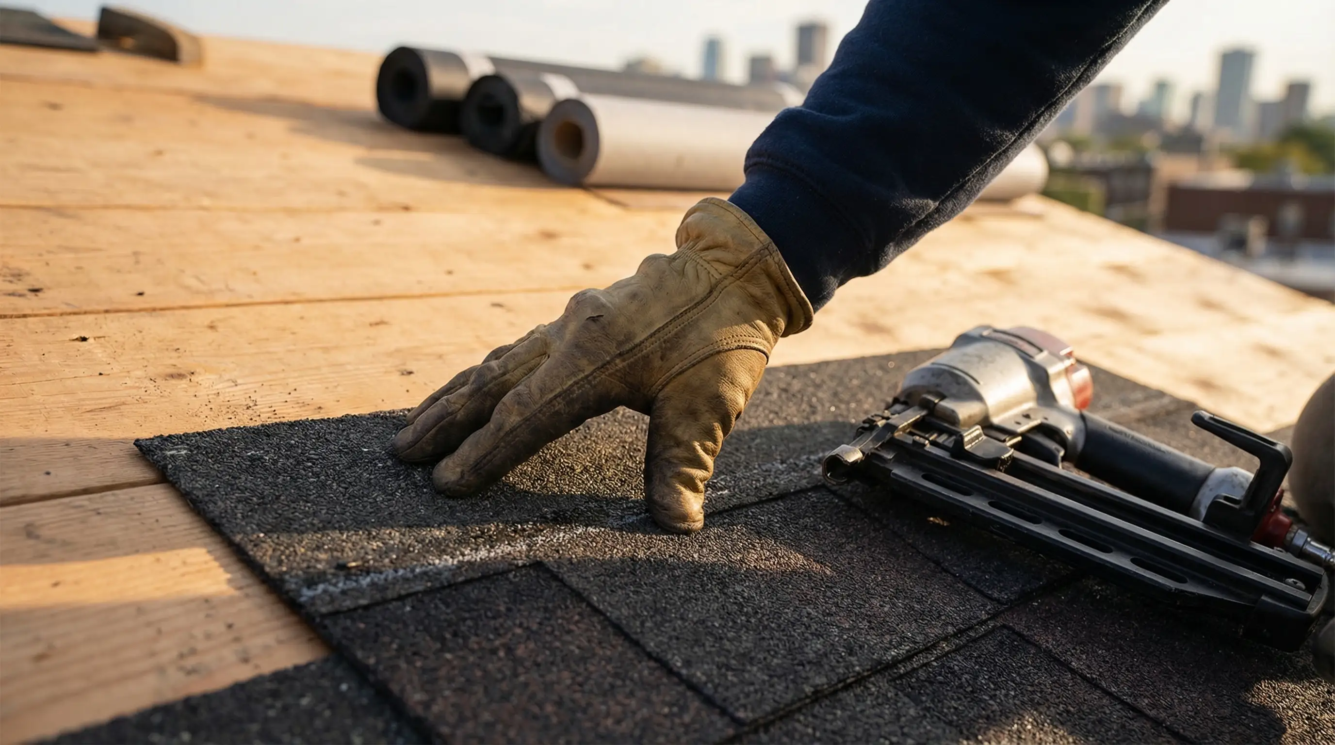 Professional roofing contractor installing architectural shingles on residential home in Huntsville, AL