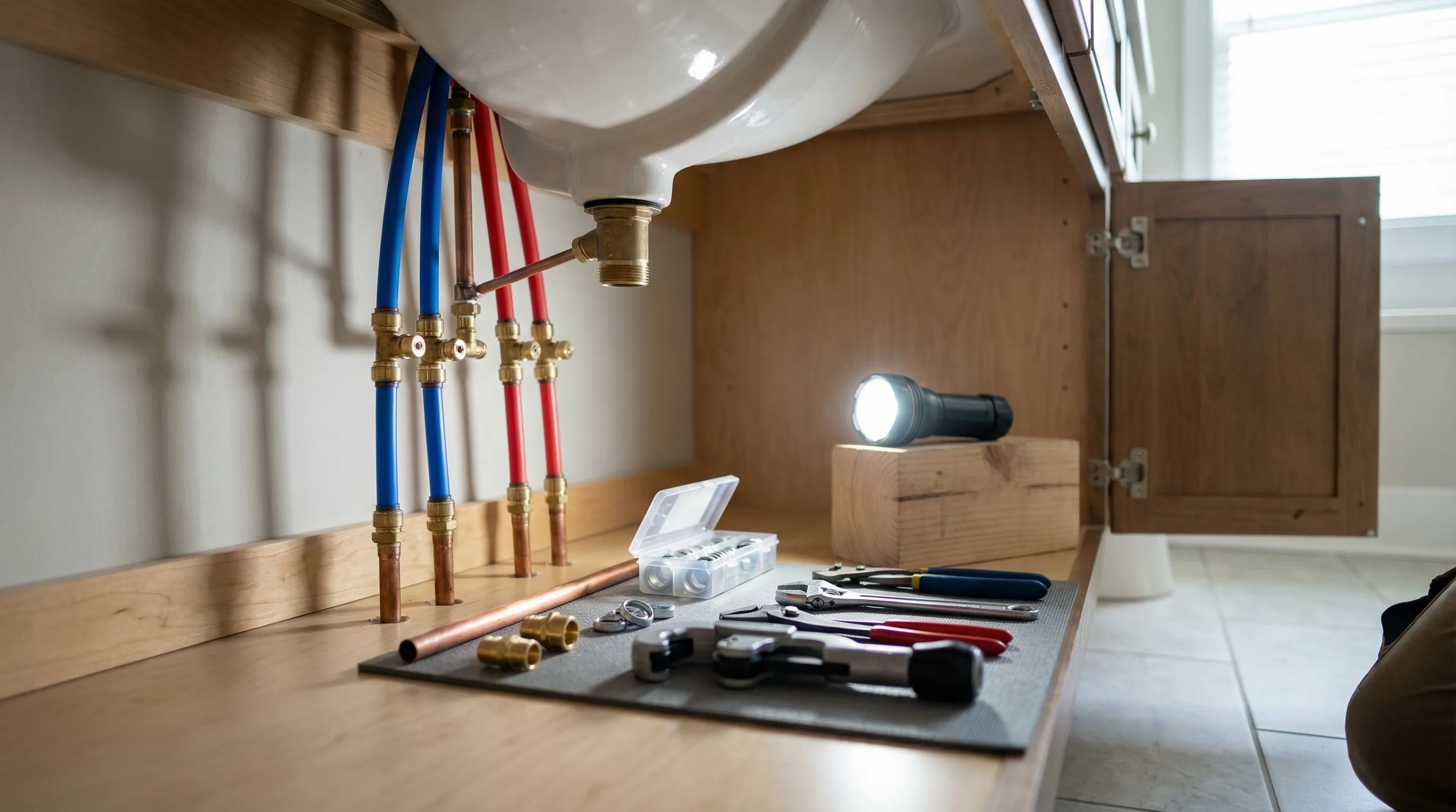 Professional plumber connecting PEX water supply lines beneath bathroom vanity in Huntsville, AL home