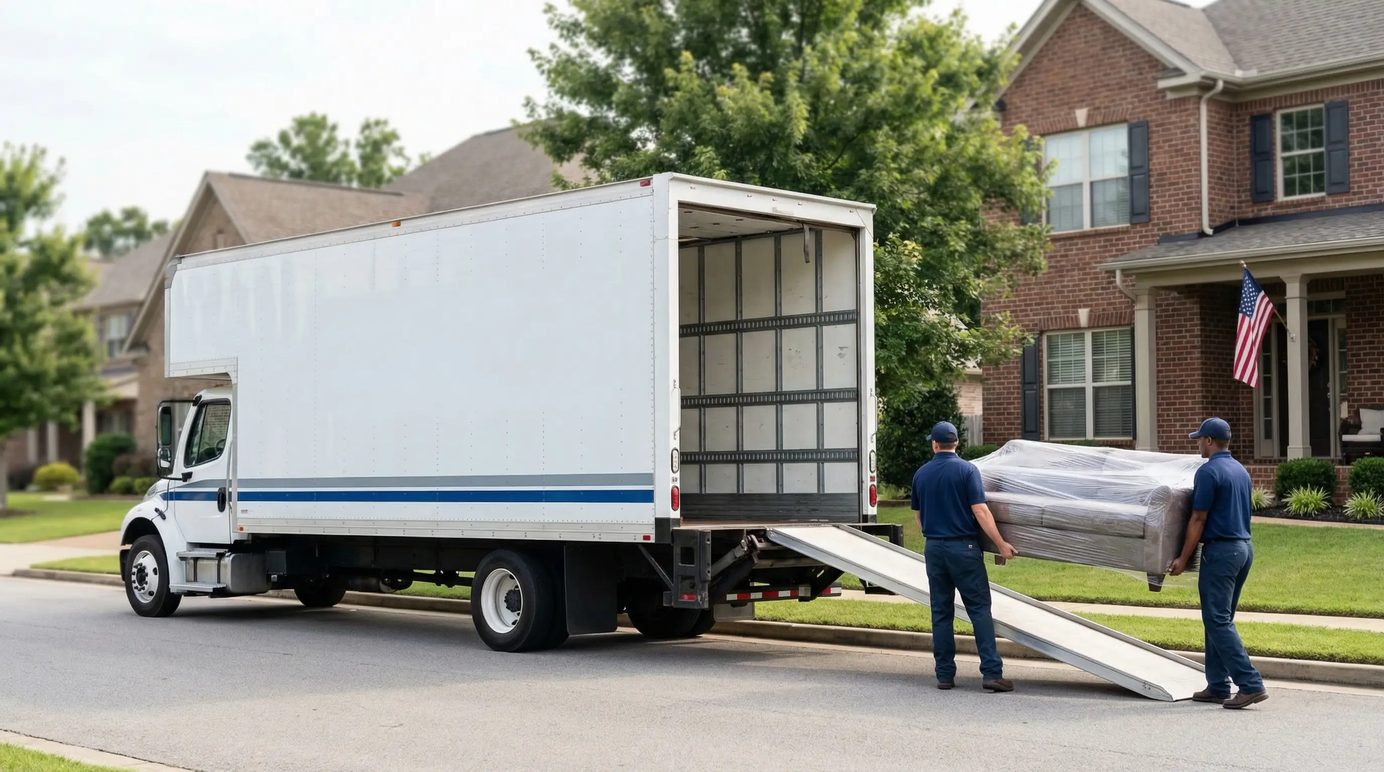 Professional moving crew loading a truck outside a residential home in Huntsville, AL