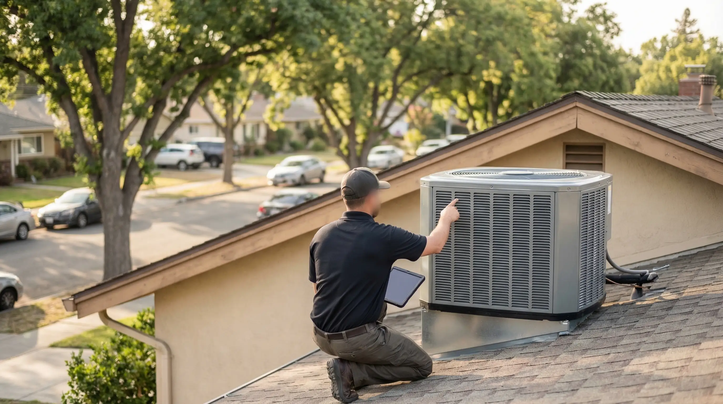Professional HVAC technician installing air conditioning unit at residential home in San Jose, CA