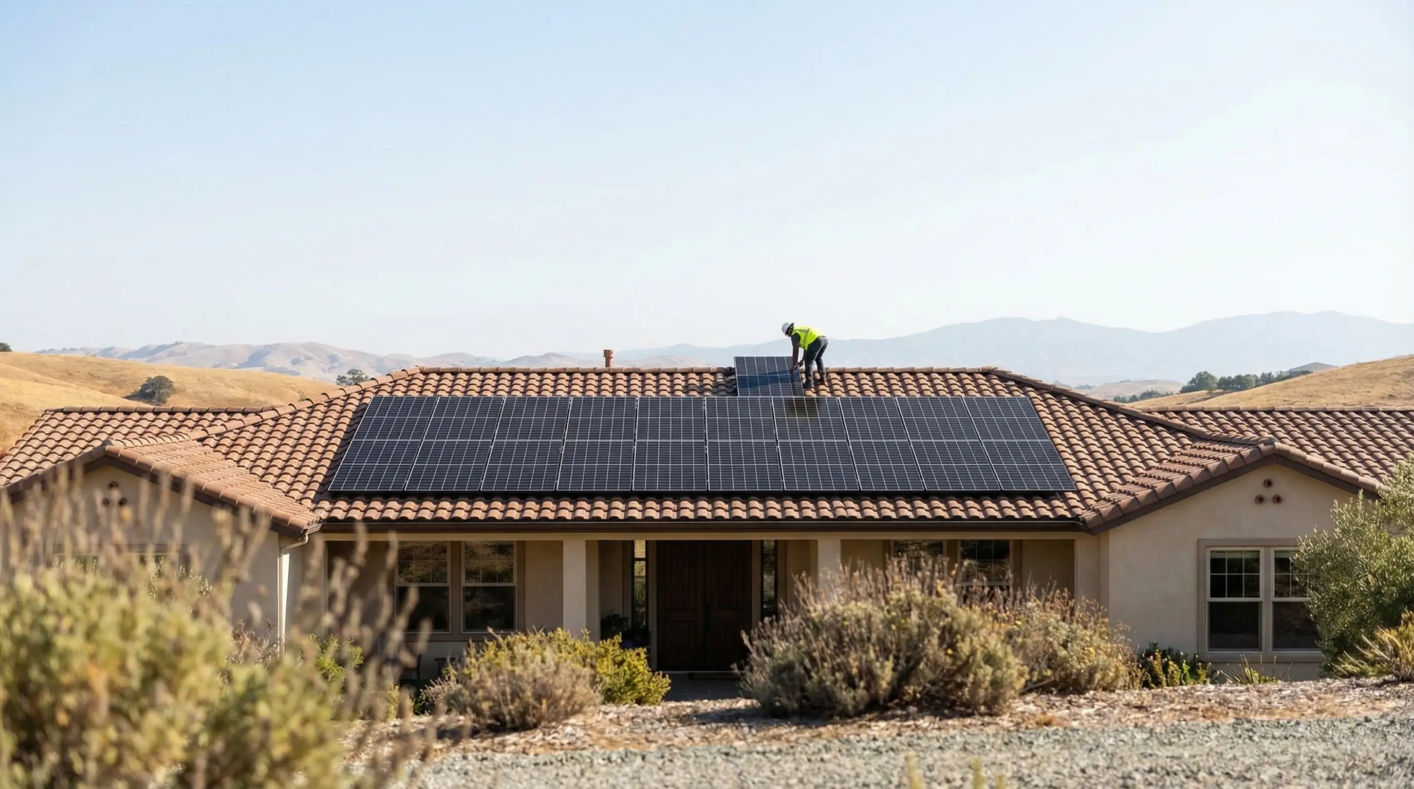 Solar panels installed on residential rooftop in San Jose, CA with blue California sky and Bay Area hills in background
