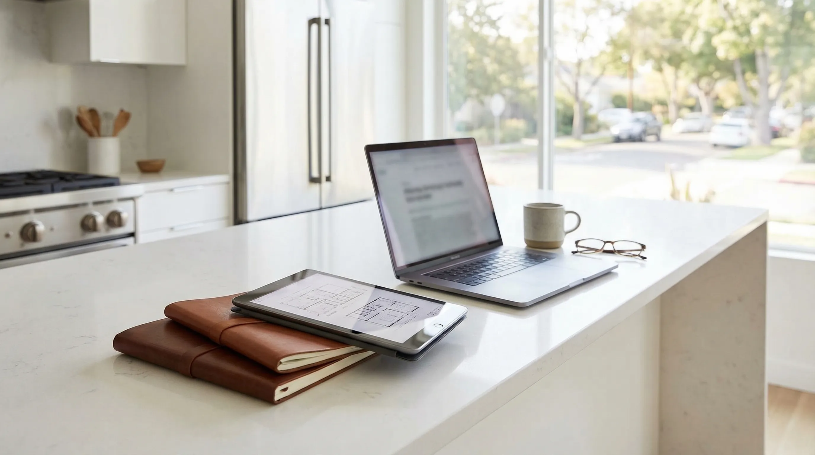 Real estate agent consulting with couple in modern San Jose home during property review meeting