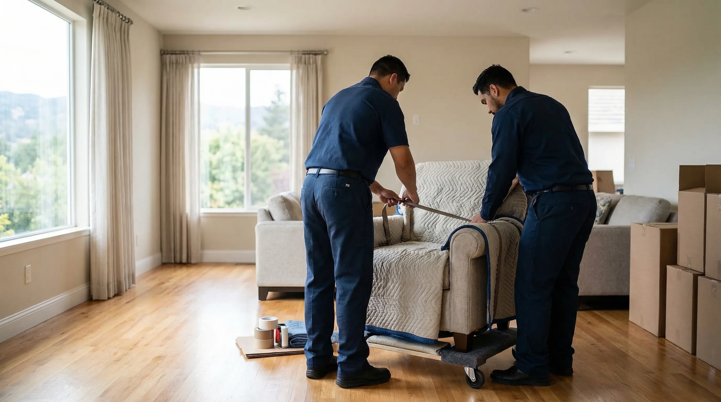 Professional movers carefully loading furniture into moving truck outside San Jose residential home on sunny day