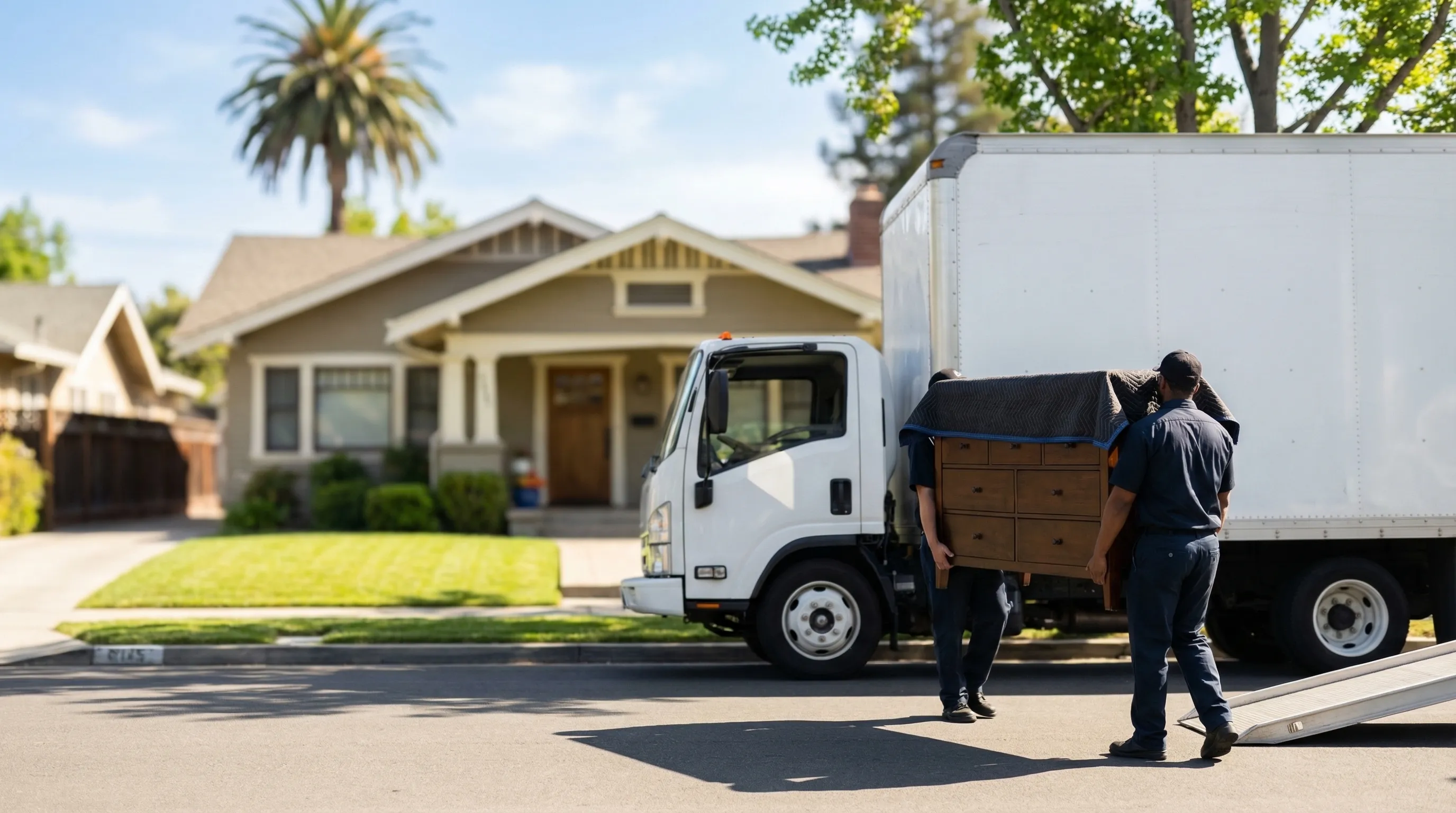 Professional movers carefully loading furniture into moving truck outside San Jose residential home on sunny day