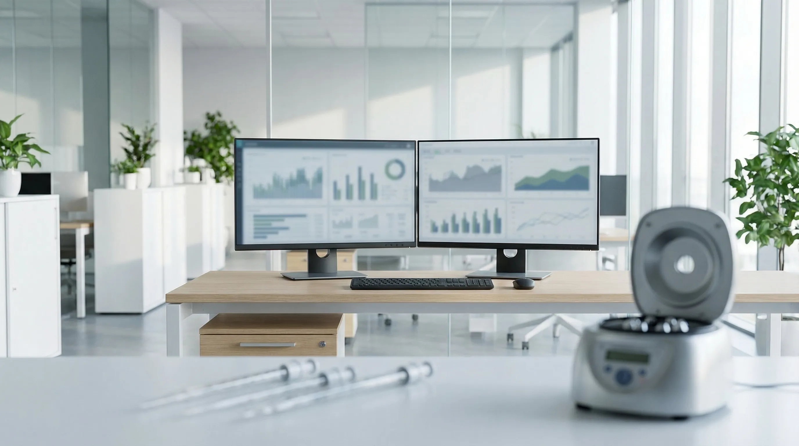 Biotech team reviewing data on workstation in modern San Jose life sciences office with lab equipment in background