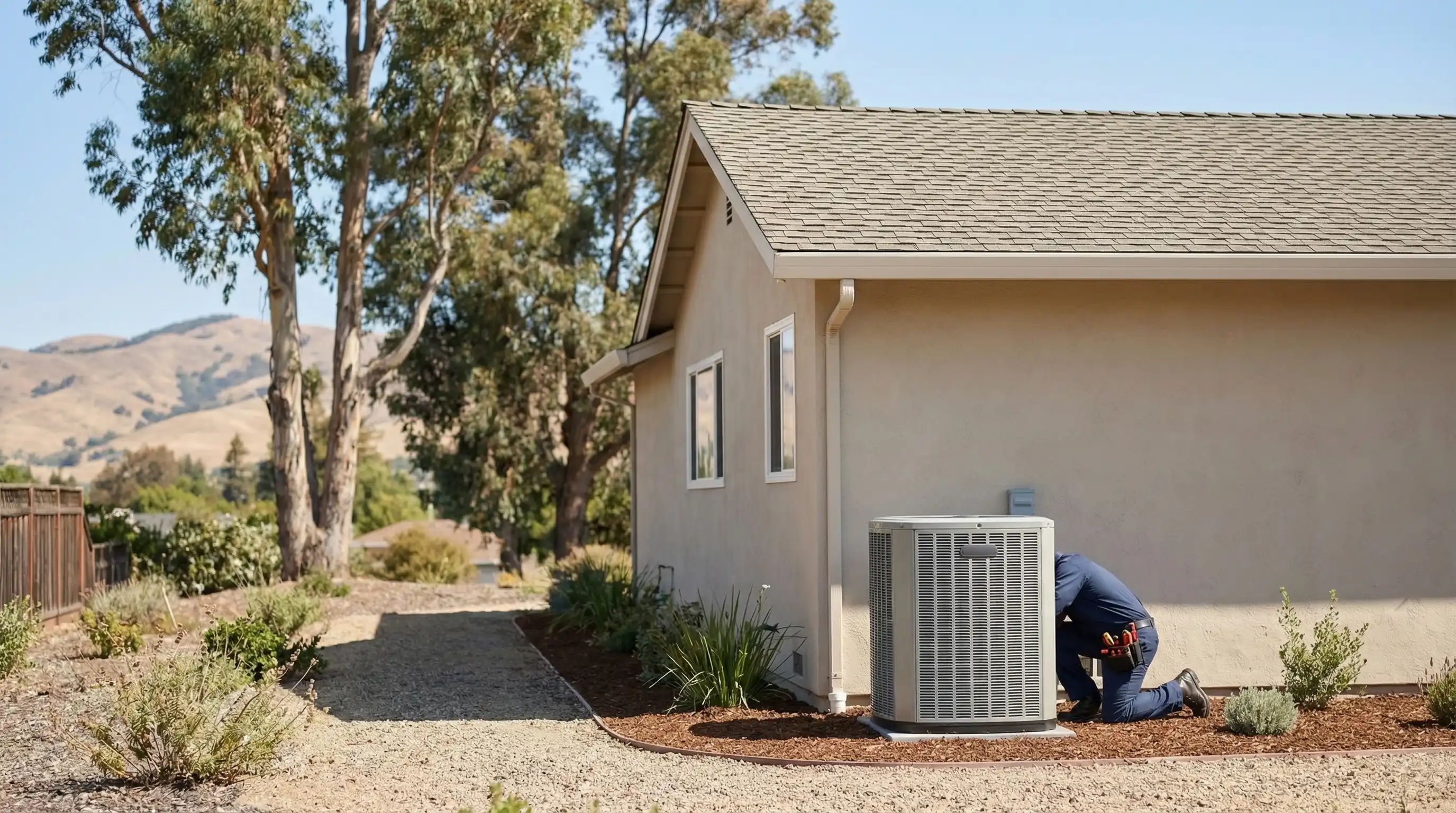 Professional HVAC technician servicing a central air conditioning unit at a suburban ranch-style home in Fremont, CA