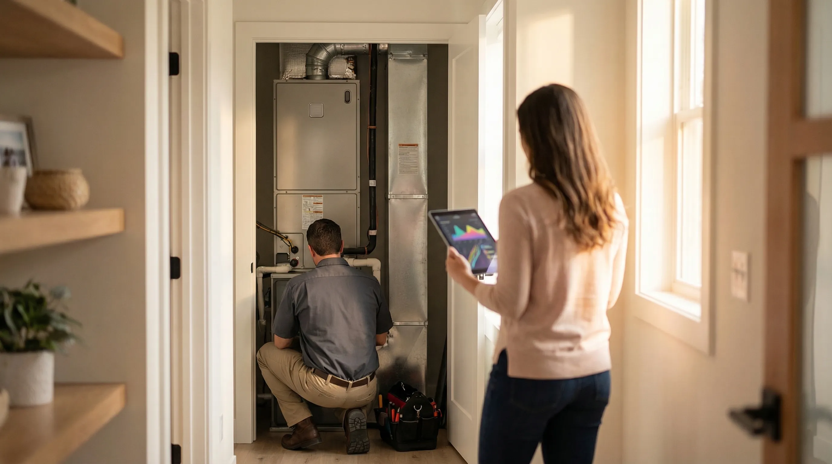 Professional HVAC technician servicing a central air conditioning unit at a suburban ranch-style home in Fremont, CA