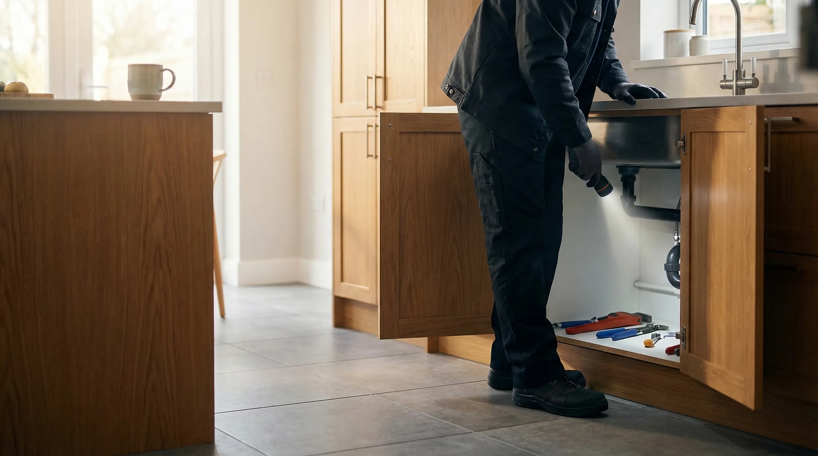 Professional plumber inspecting under-sink drain piping in a Fremont, CA home kitchen