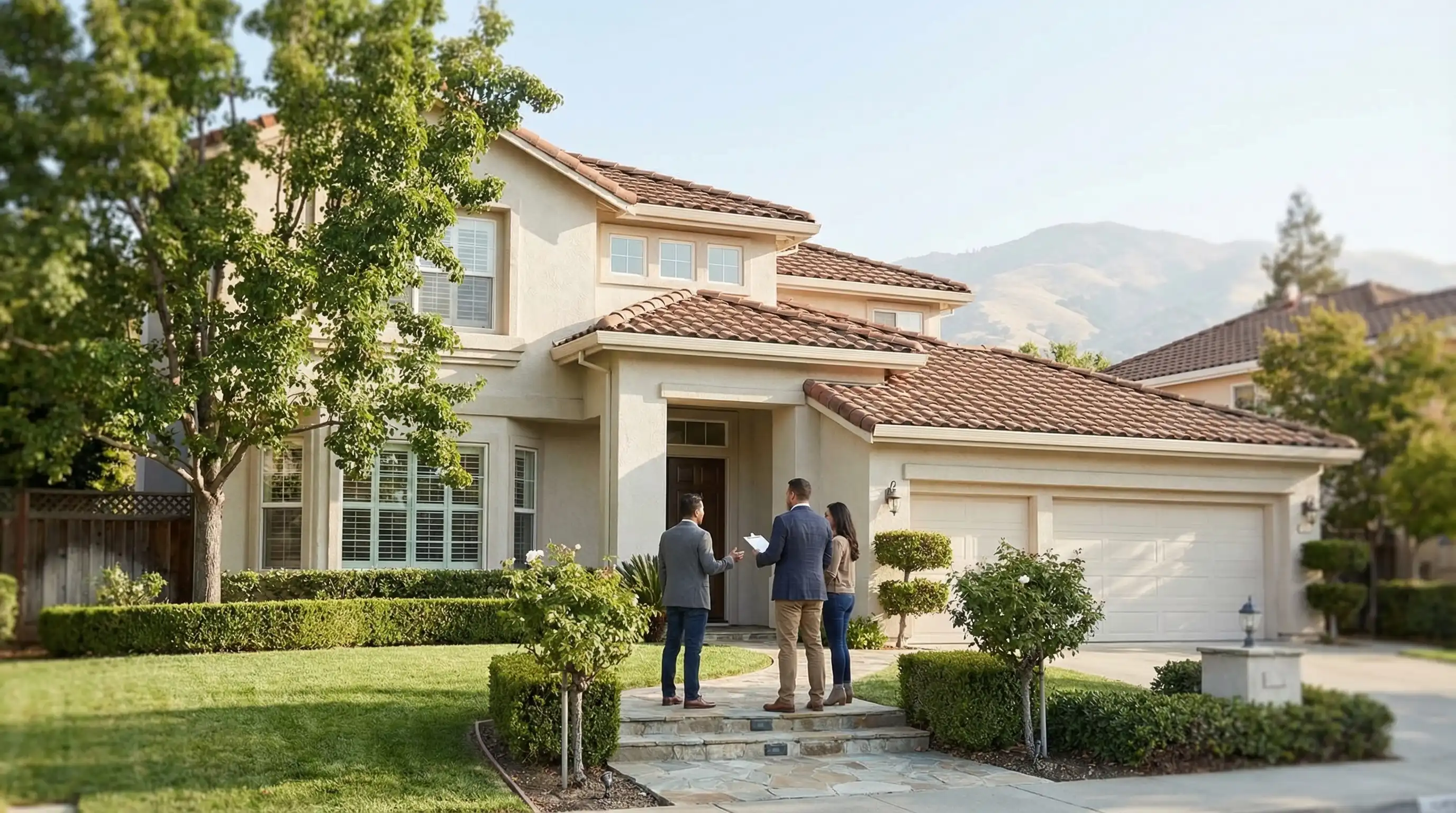 Professional real estate agent with clients reviewing a home listing in Fremont, CA with Mission Peak foothills visible in background