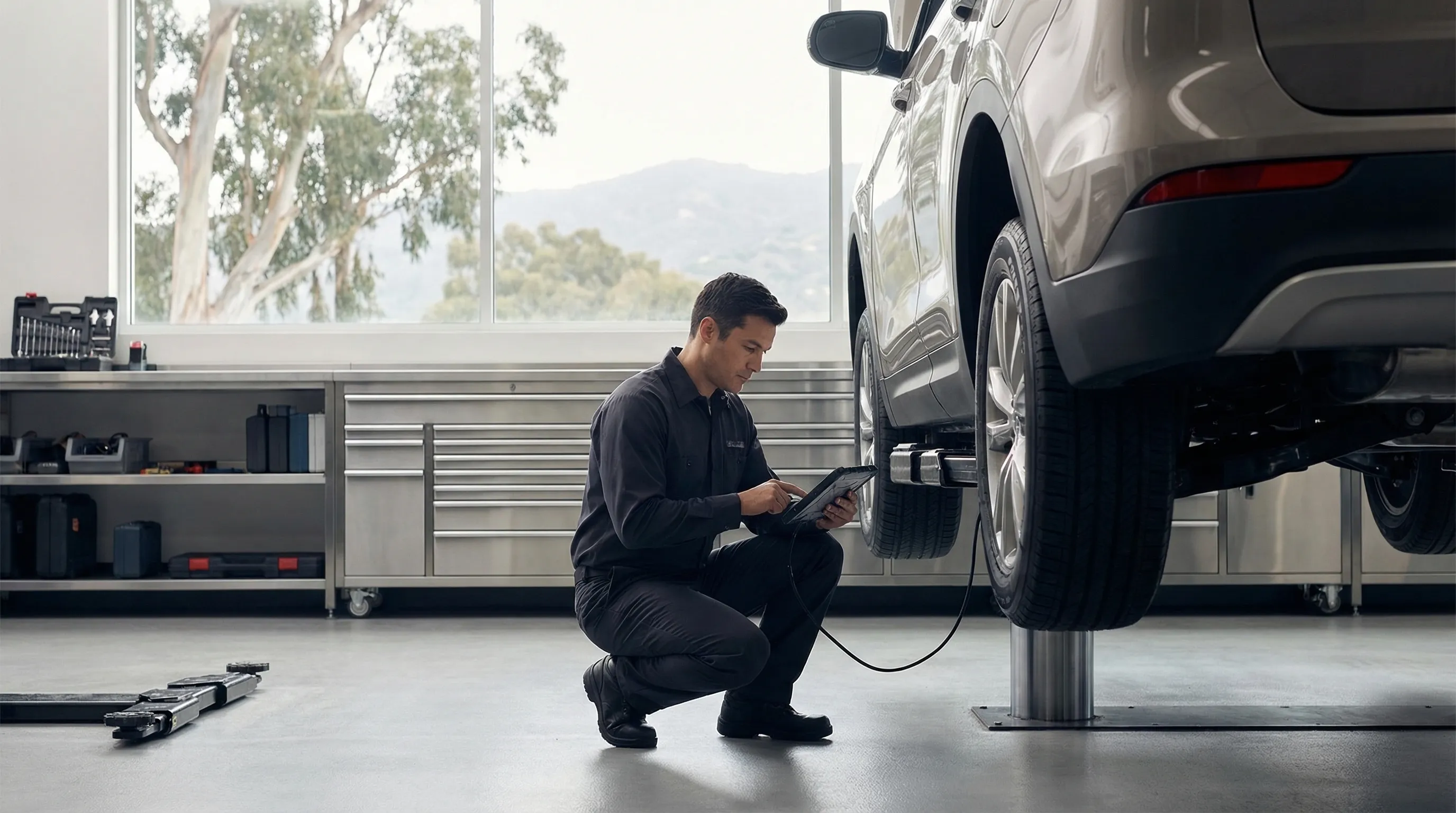 EV-certified auto technician using diagnostic tablet beside a Tesla in a modern Fremont, CA repair shop