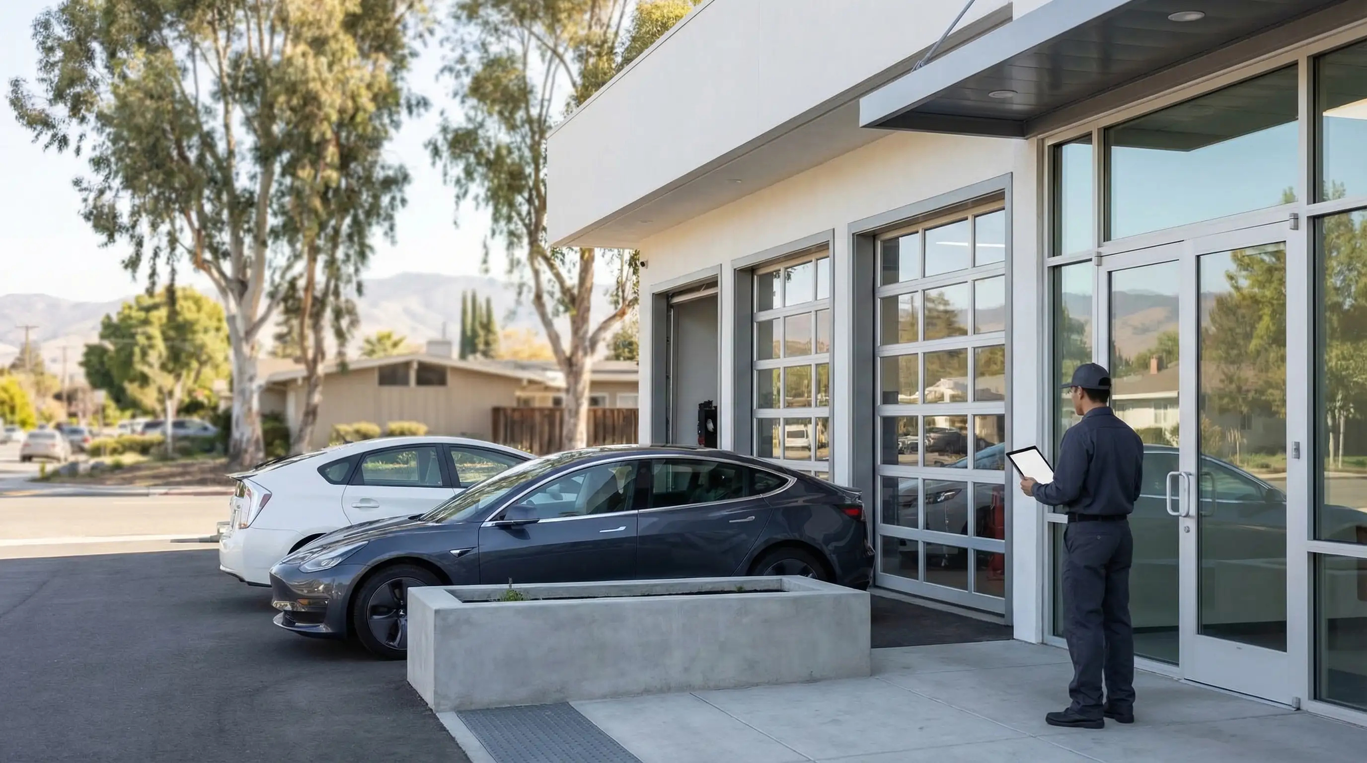 EV-certified auto technician using diagnostic tablet beside a Tesla in a modern Fremont, CA repair shop
