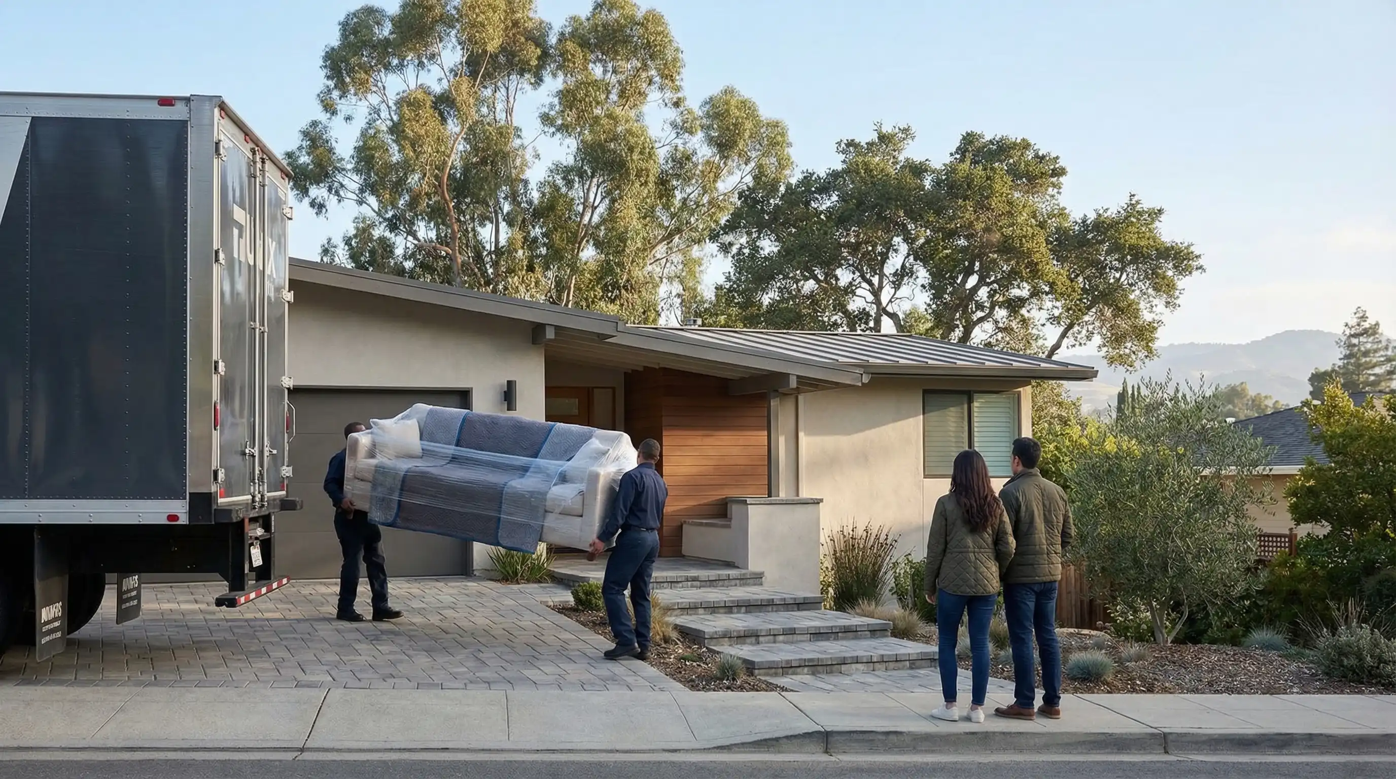 Professional movers carefully carrying wrapped furniture from a Fremont CA suburban home into a branded moving truck on a sunny morning