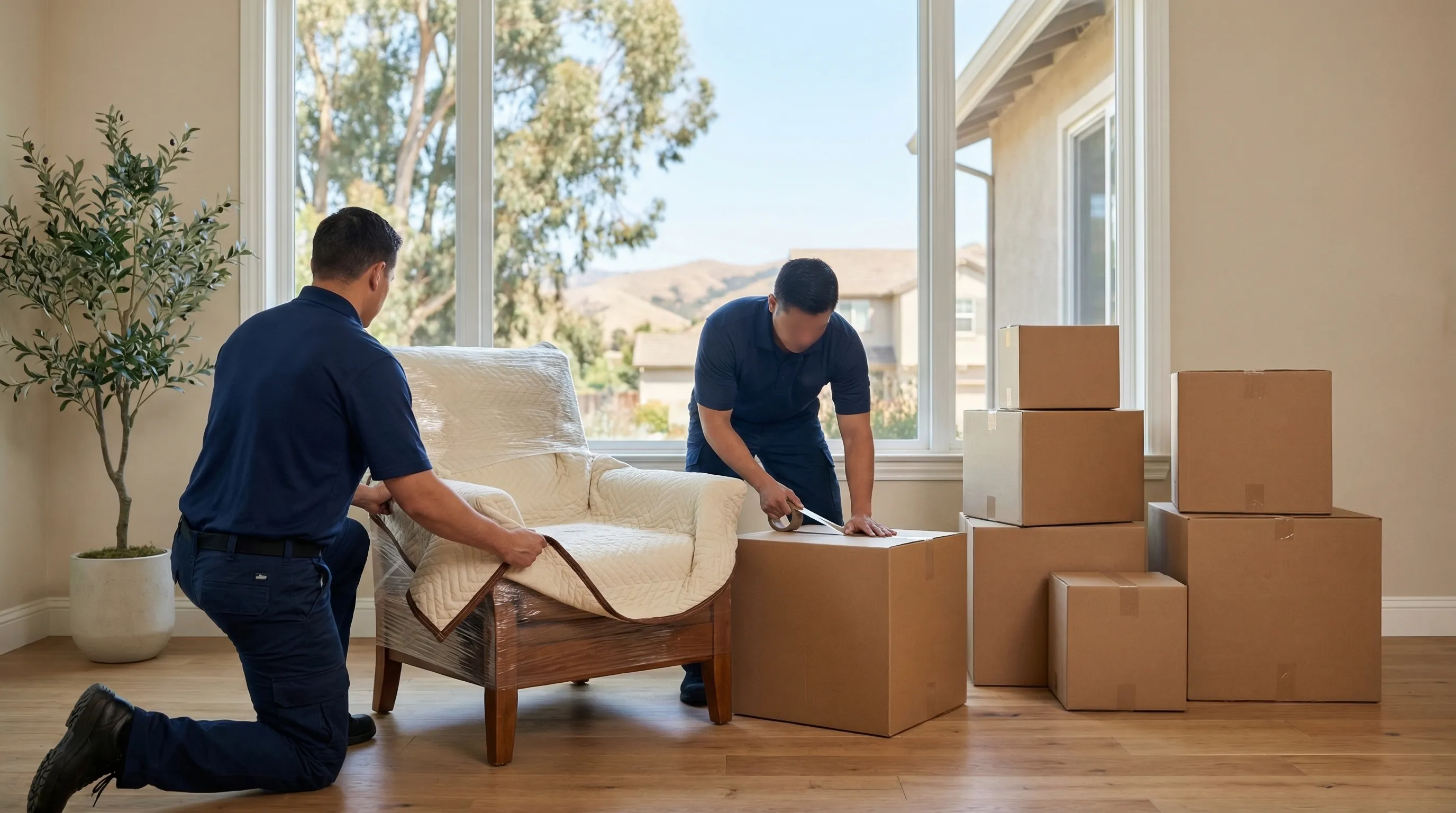 Professional movers carefully carrying wrapped furniture from a Fremont CA suburban home into a branded moving truck on a sunny morning