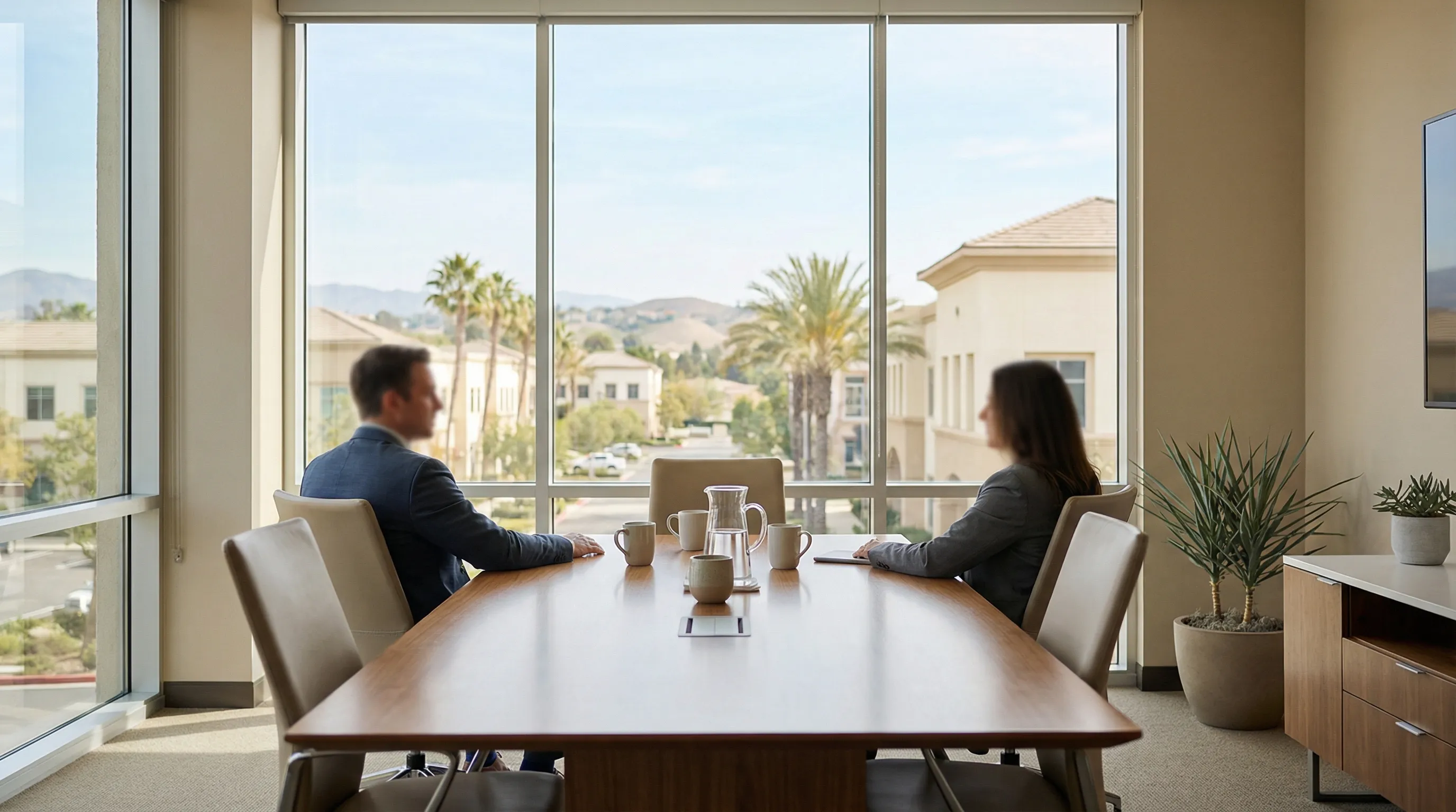 Professional law office conference room in Irvine, CA with attorney and client in consultation