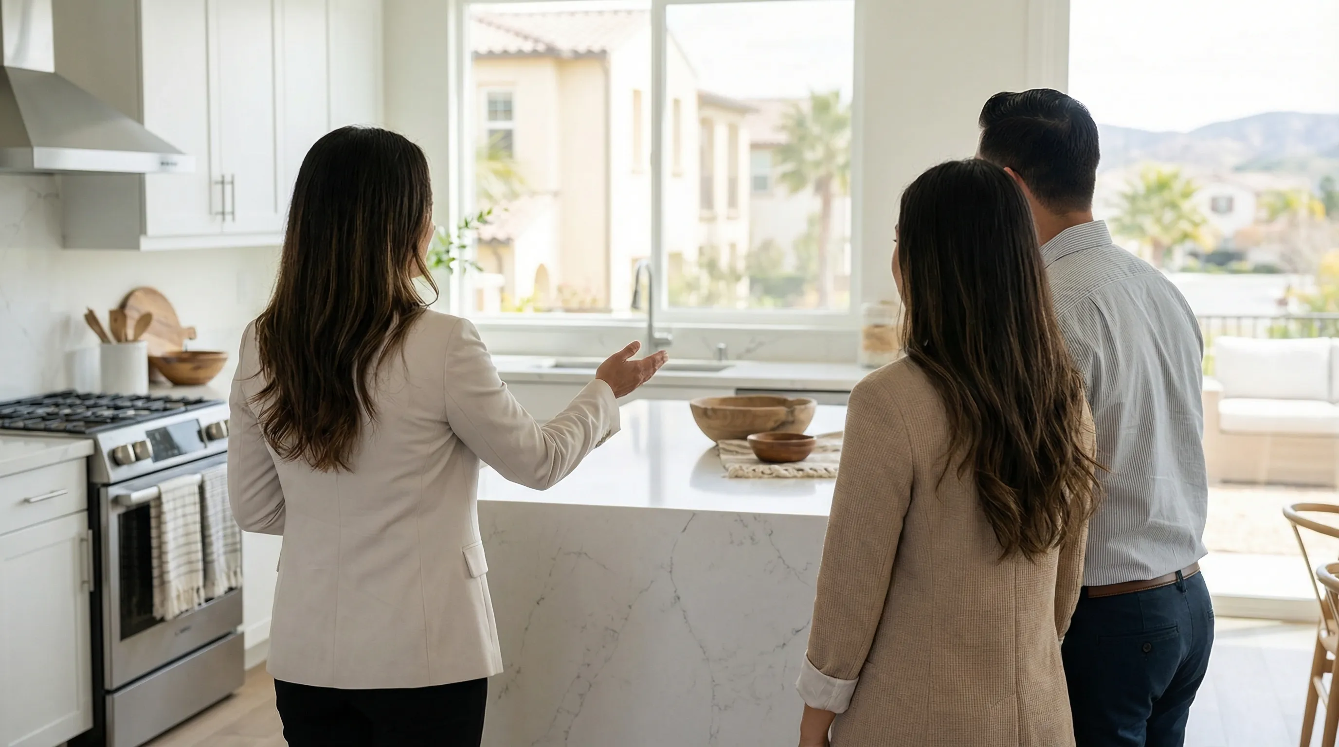 Real estate agent showing an Irvine, CA home interior to prospective buyers in a planned community