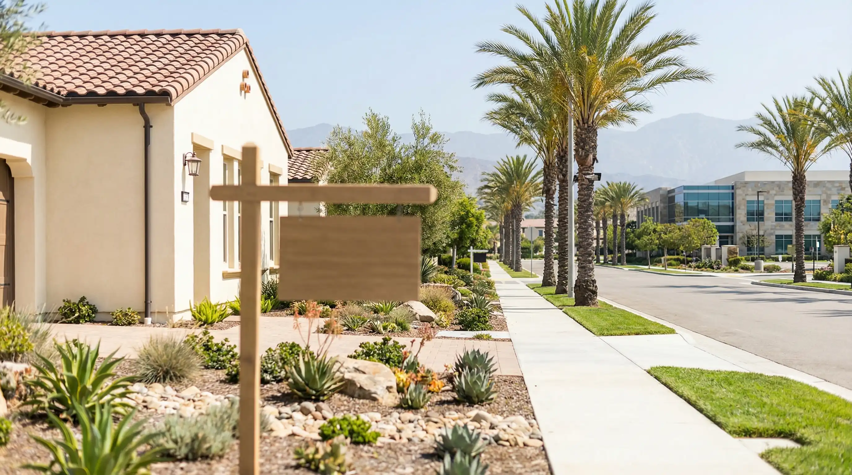 Real estate agent showing an Irvine, CA home interior to prospective buyers in a planned community