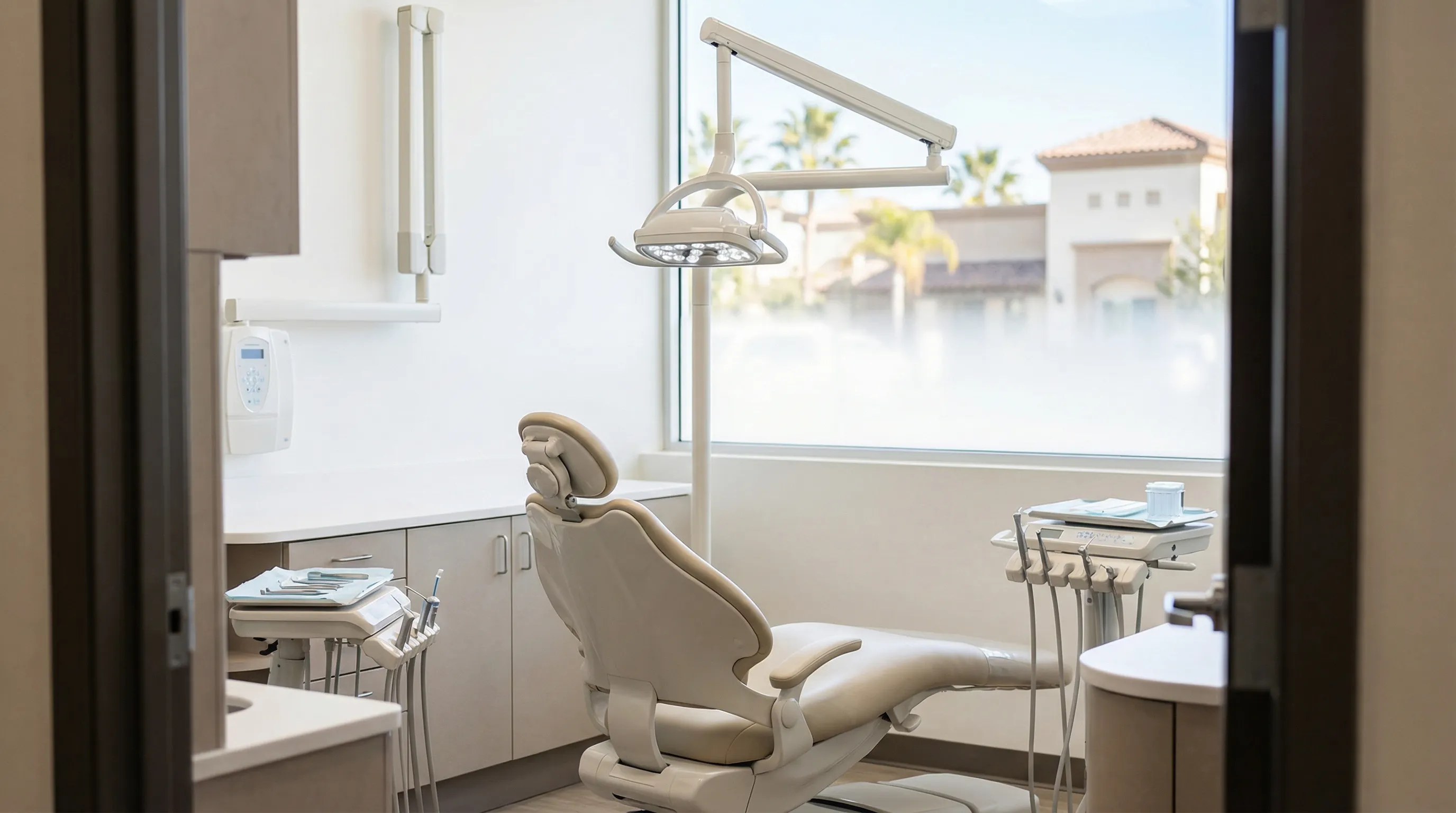 Modern dental treatment room in an Irvine, CA private dental practice with dentist and patient