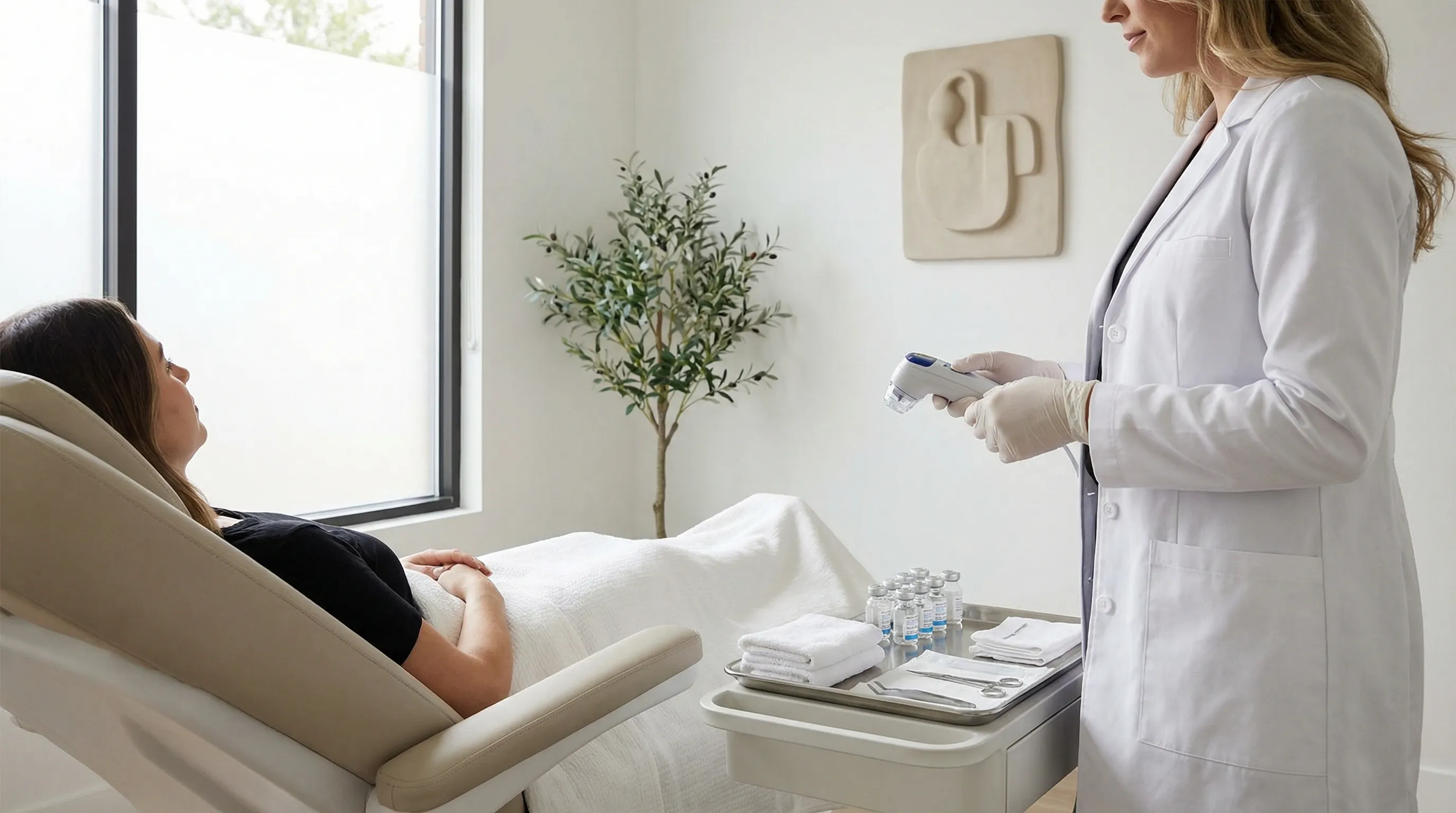 Modern medical spa treatment room interior in Irvine, CA with provider and patient during injectable consultation