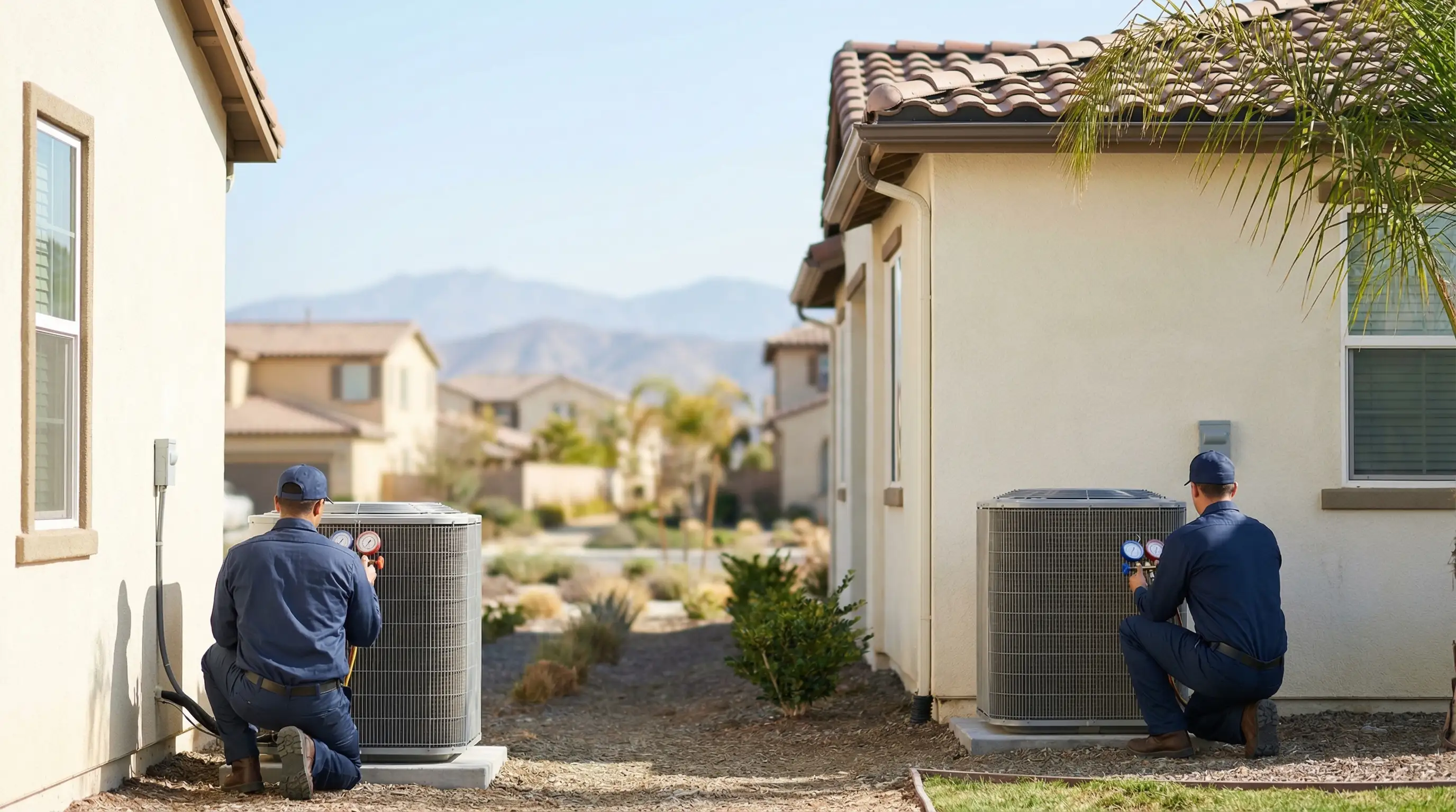 HVAC technician in branded uniform servicing a residential air conditioning unit in an Irvine, CA master-planned community
