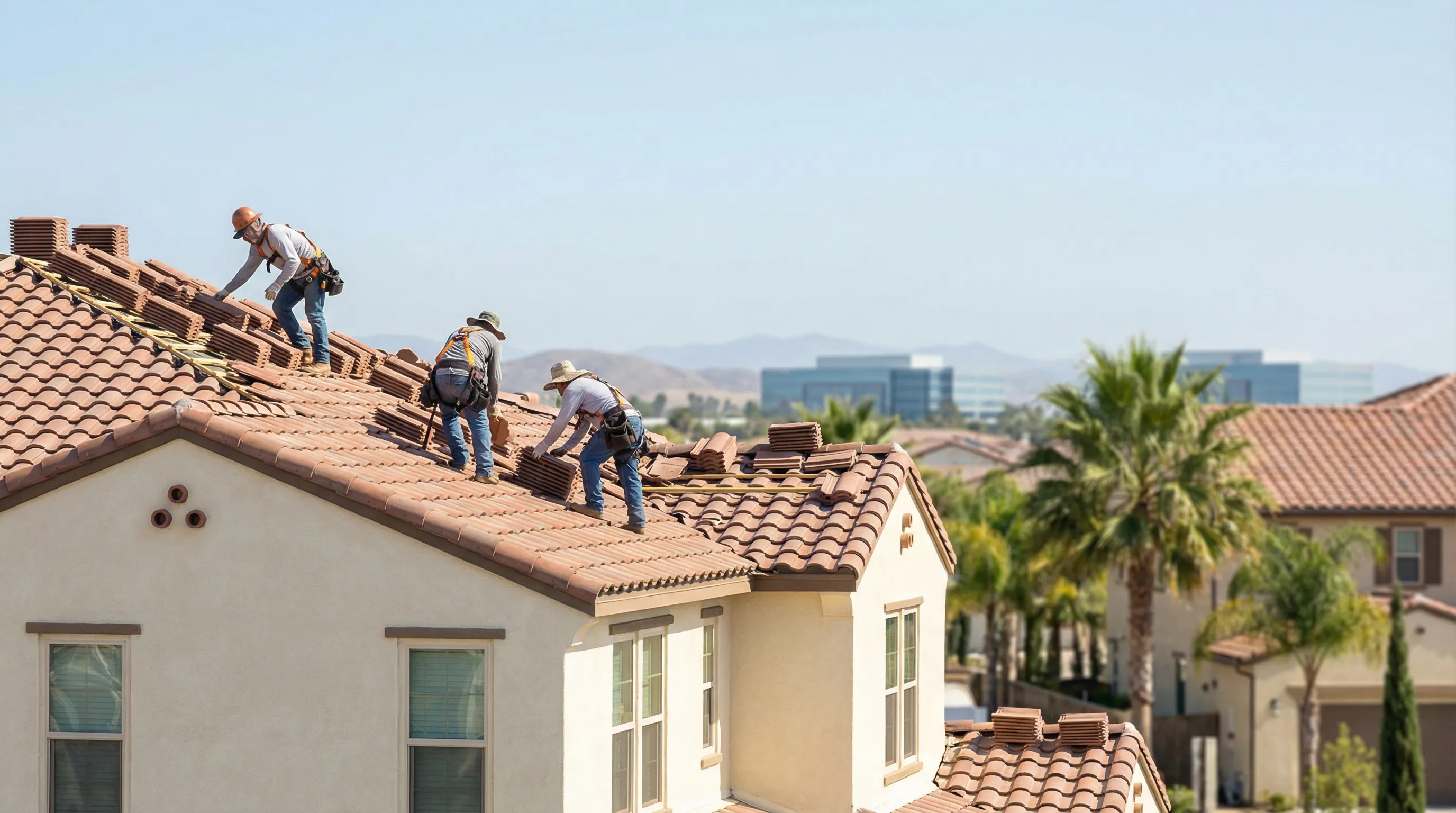 Licensed roofing contractor inspecting a terracotta tile roof in an Irvine, CA master-planned community neighborhood