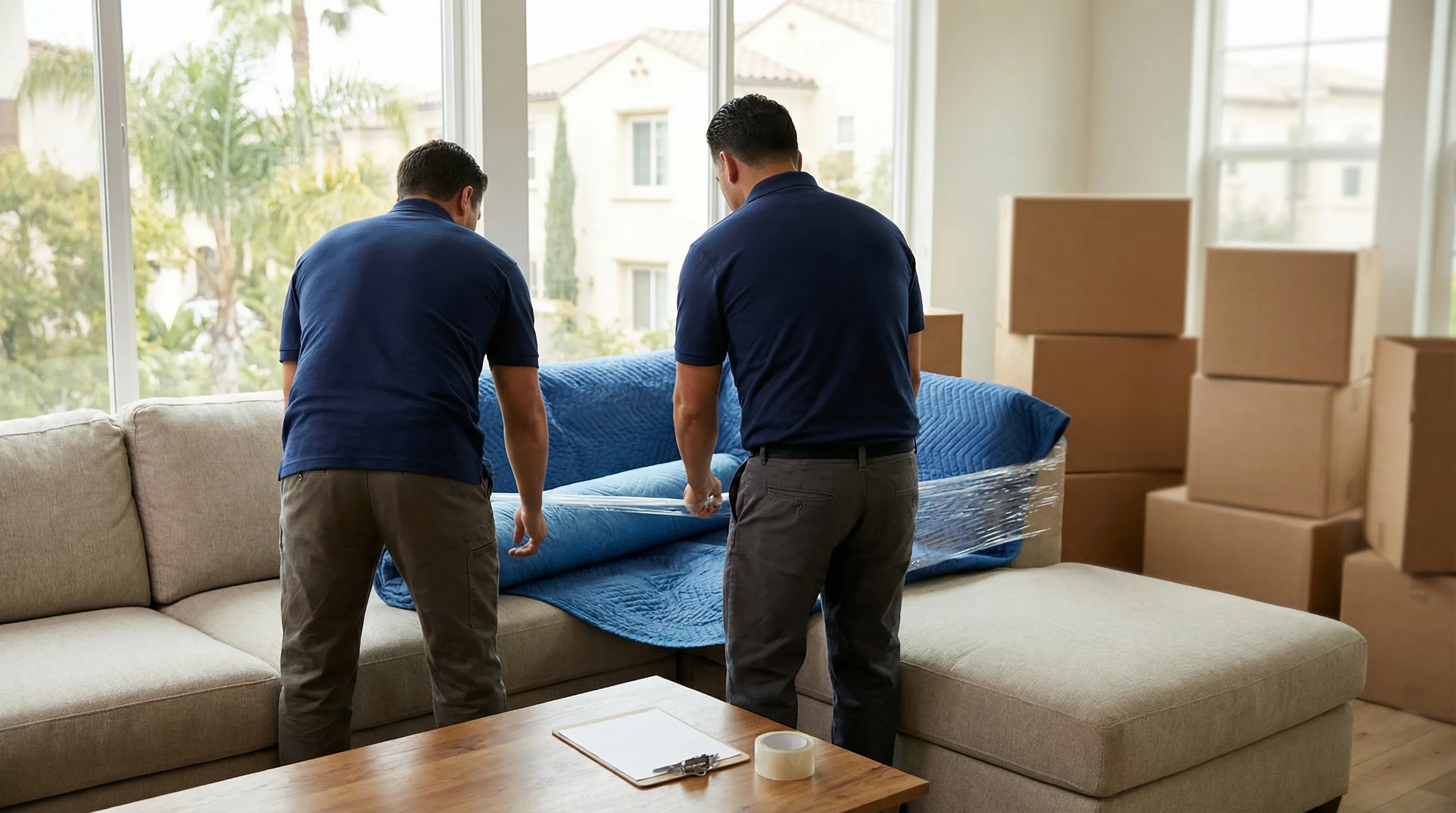 Professional movers in branded uniforms carefully loading furniture from an Irvine, CA master-planned community home into a moving truck