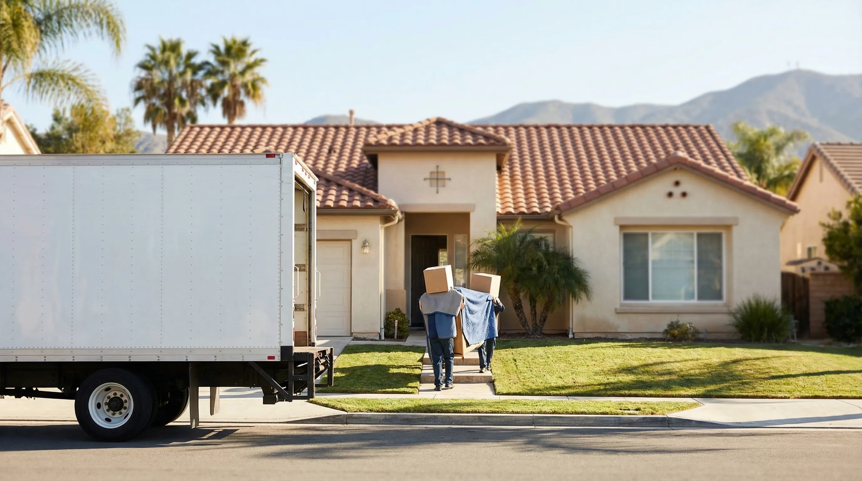 Professional movers in branded uniforms carefully loading furniture from an Irvine, CA master-planned community home into a moving truck