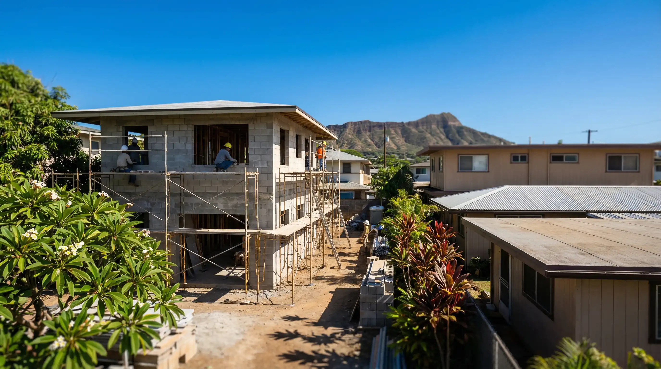Professional construction crew working on a residential renovation project in Honolulu, HI, with Diamond Head visible in the background