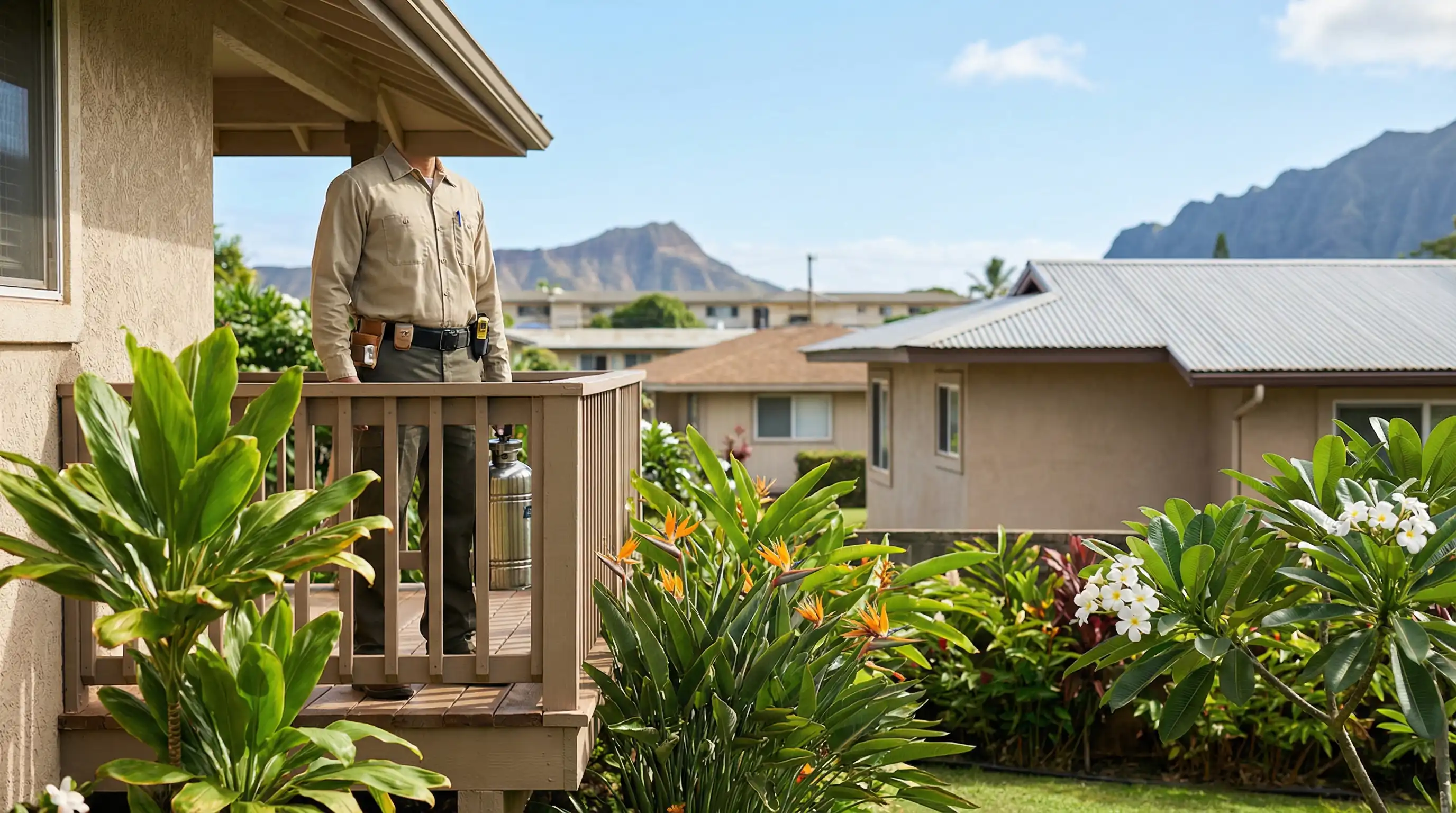 Professional pest control technician inspecting a residential property in Honolulu, HI, with tropical landscaping in the background